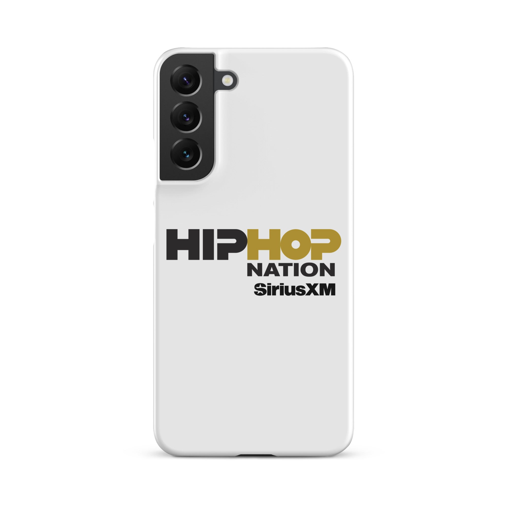 A white phone case featuring the text 'HIP HOP NATION' and 'SiriusXM' in black and gold.