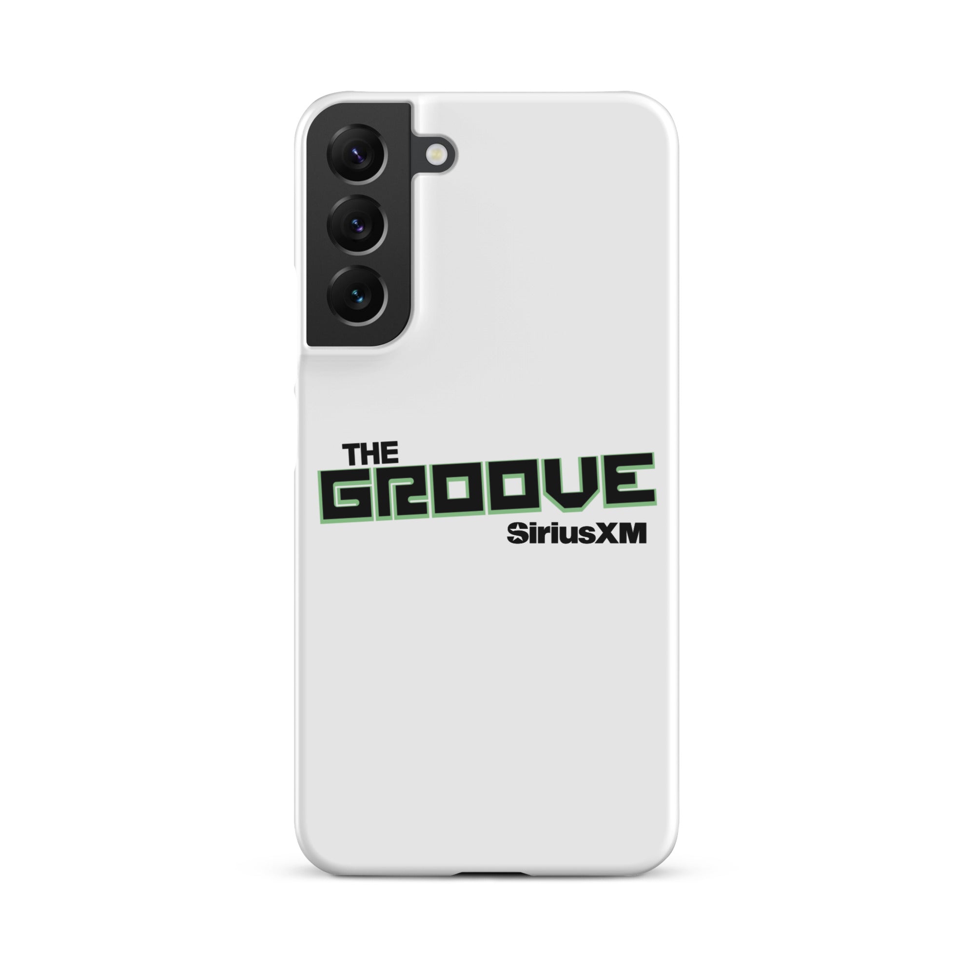 White phone case with 'THE GROOVE' and 'SiriusXM' logo in green and black text.