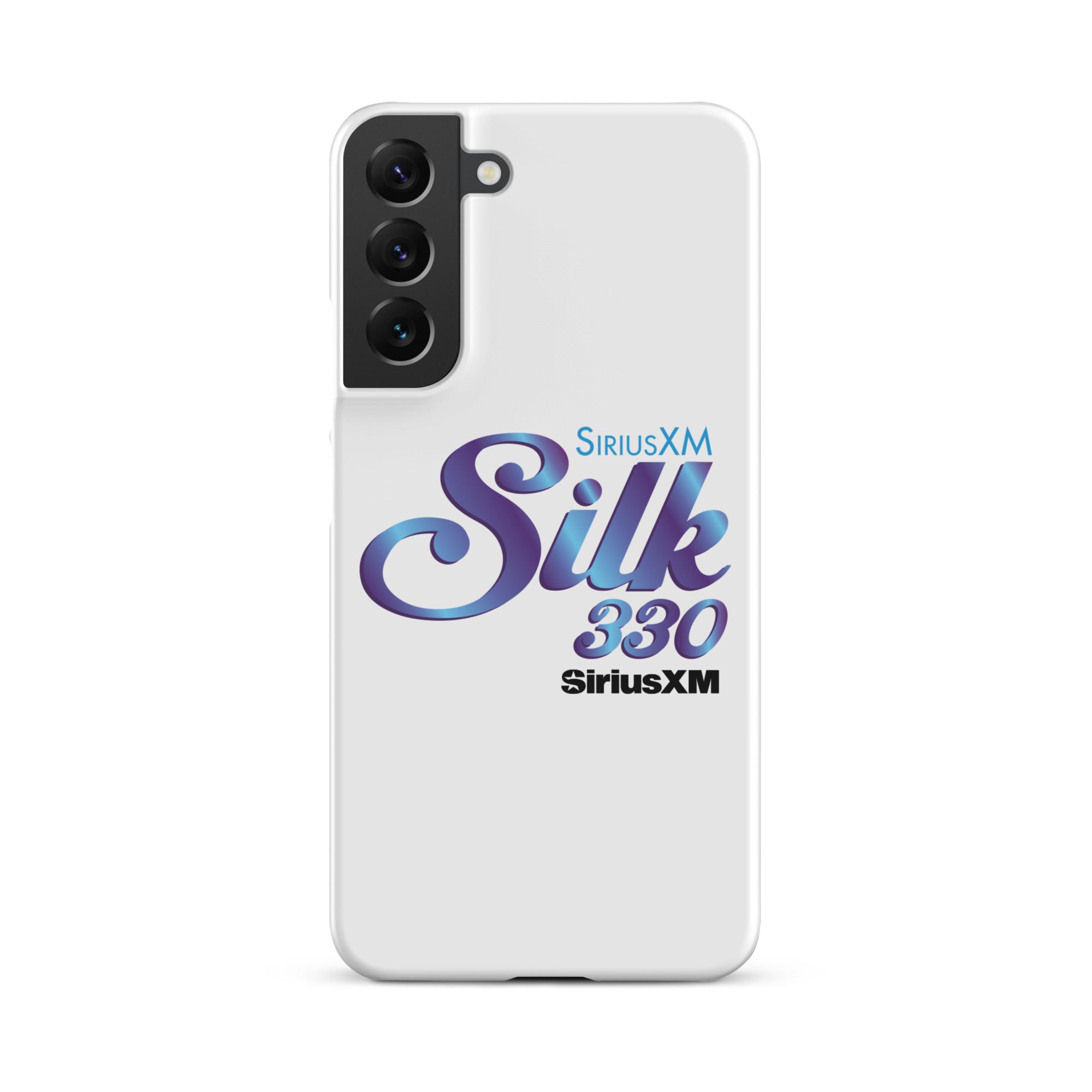 White phone case featuring 'SiriusXM Silk 330' logo in purple and 'SiriusXM' branding in black text.
