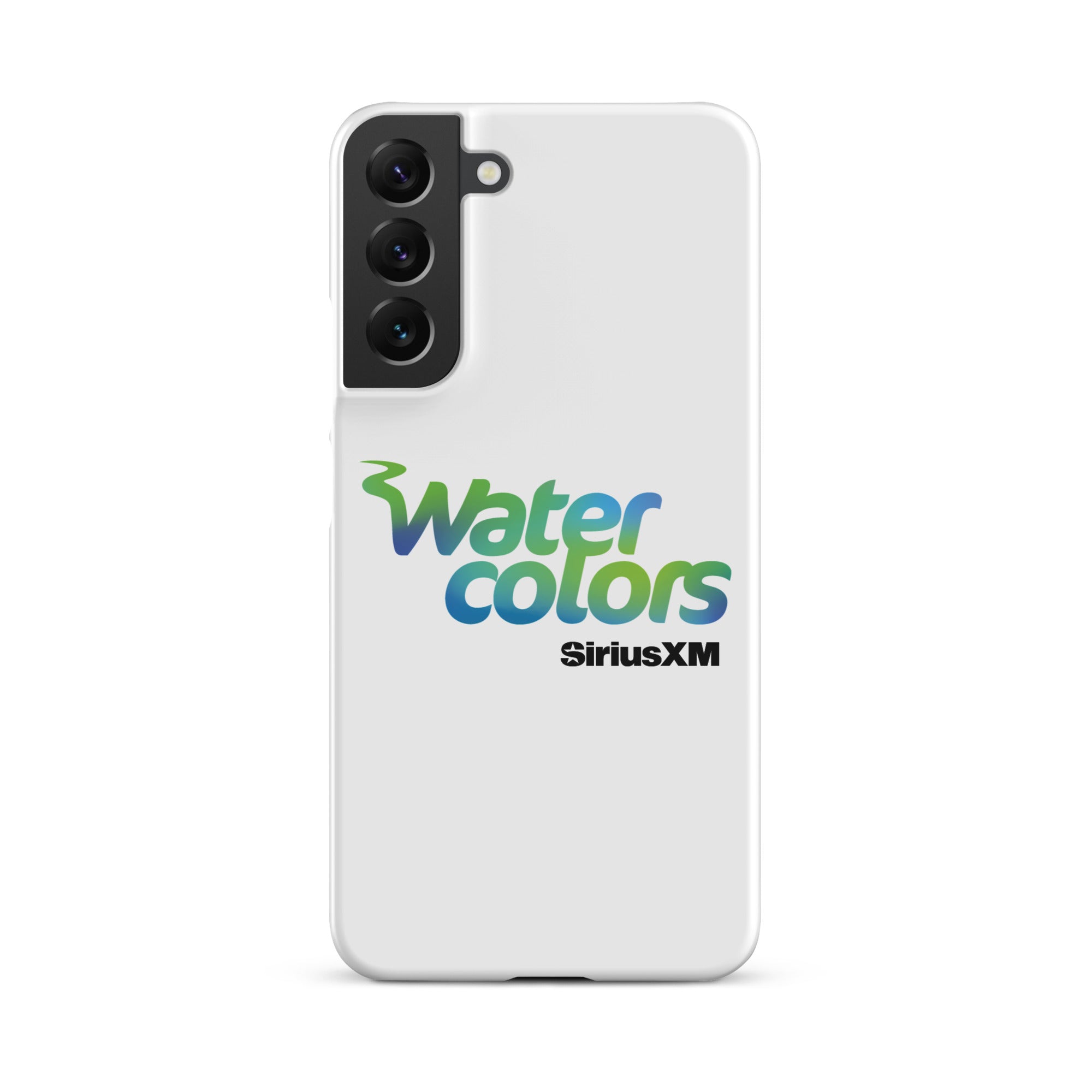 White smartphone case with 'Water colors' logo in blue and green, and 'SiriusXM' in black.