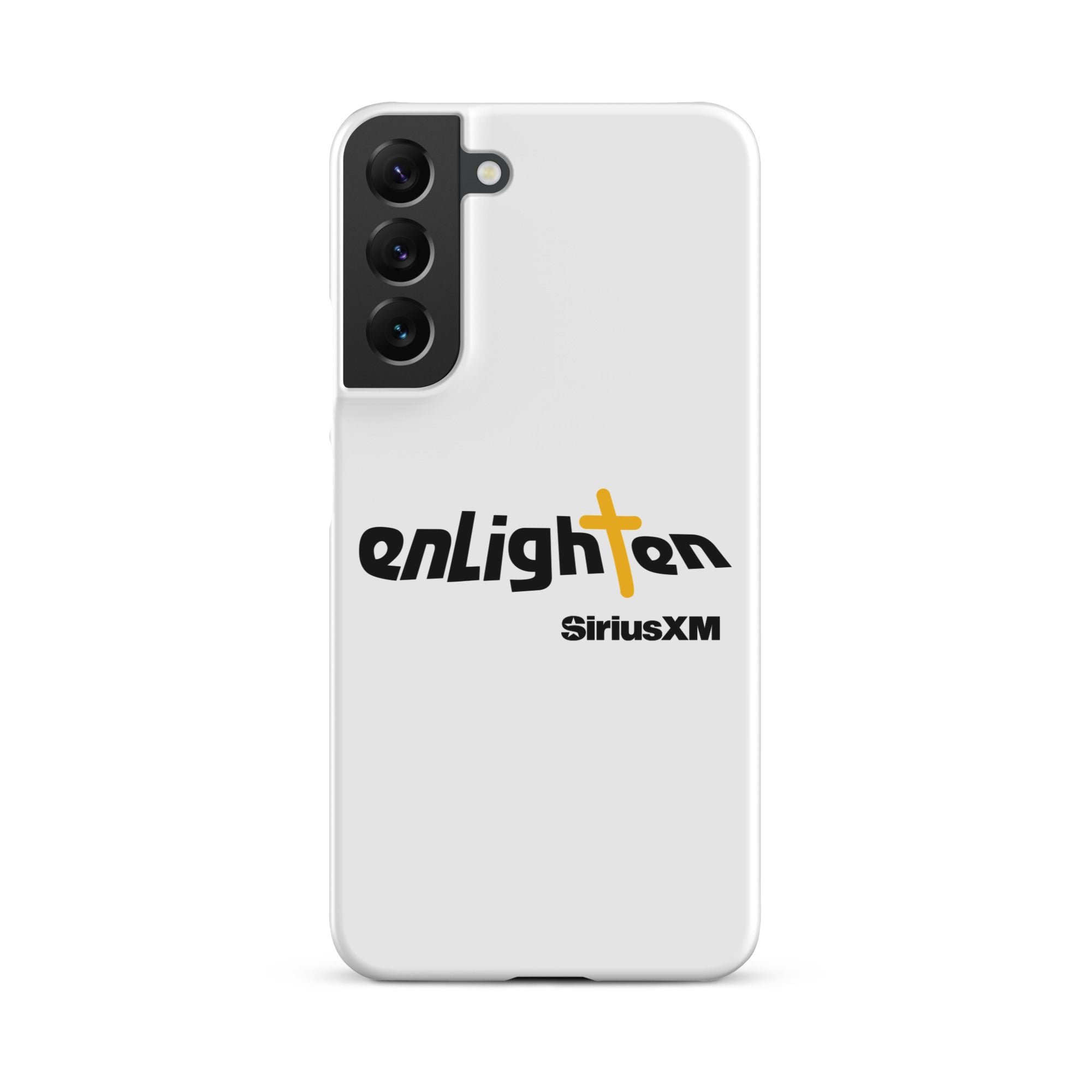 White smartphone case featuring 'enLighten' with black text and a yellow cross and 'SiriusXM' text.