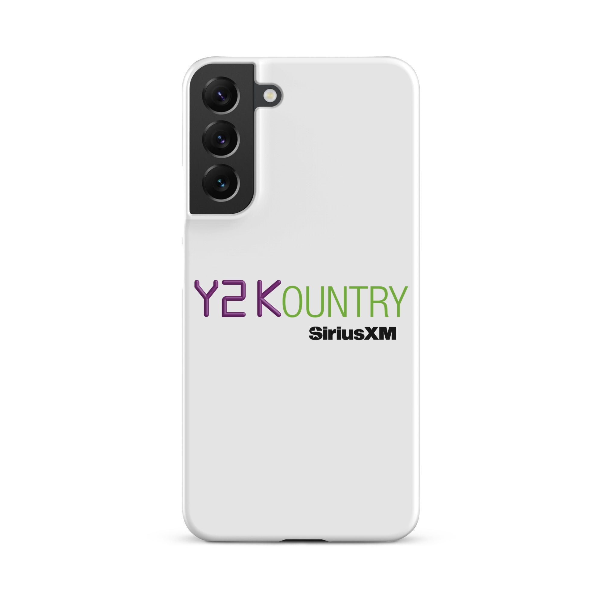 White phone case featuring 'Y2KOUNTRY' and 'SiriusXM' logos in purple and green.
