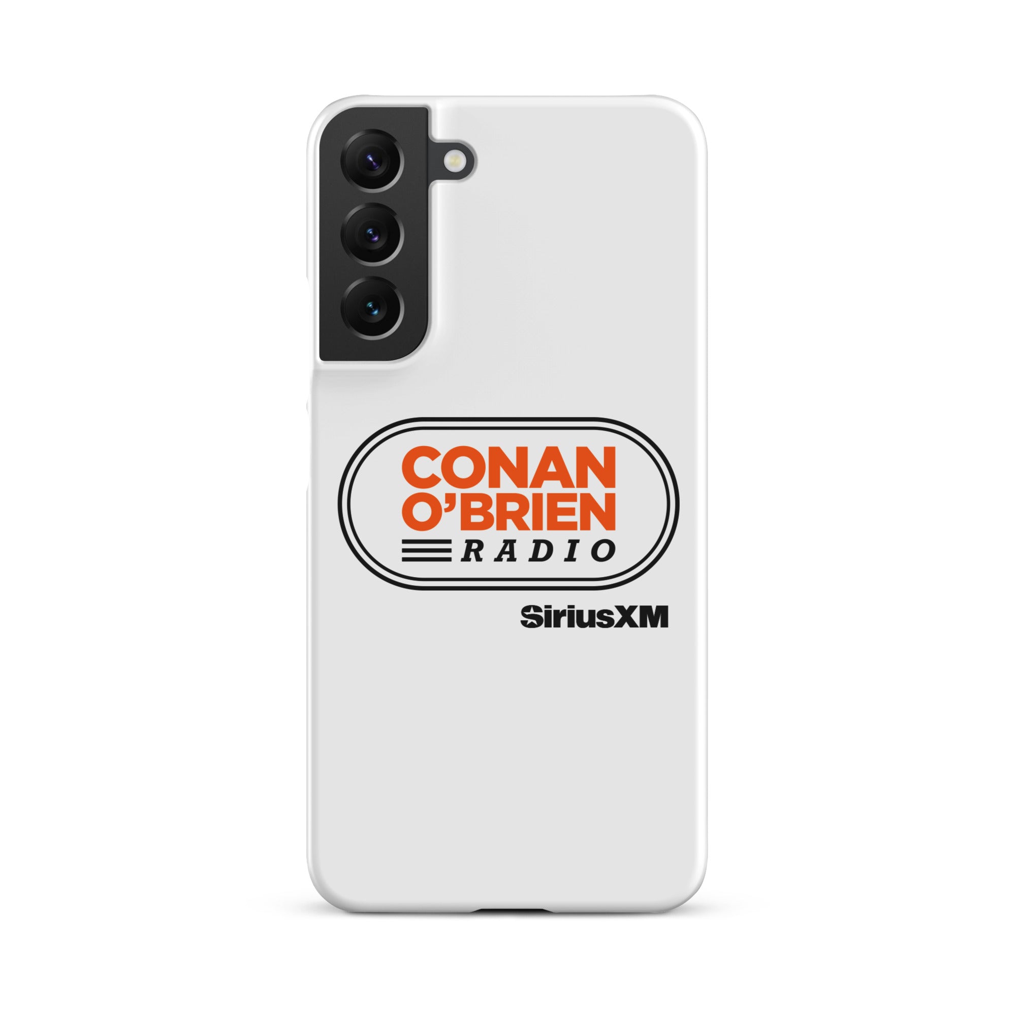 White phone case featuring 'CONAN O'BRIEN RADIO' and 'SiriusXM' logos.