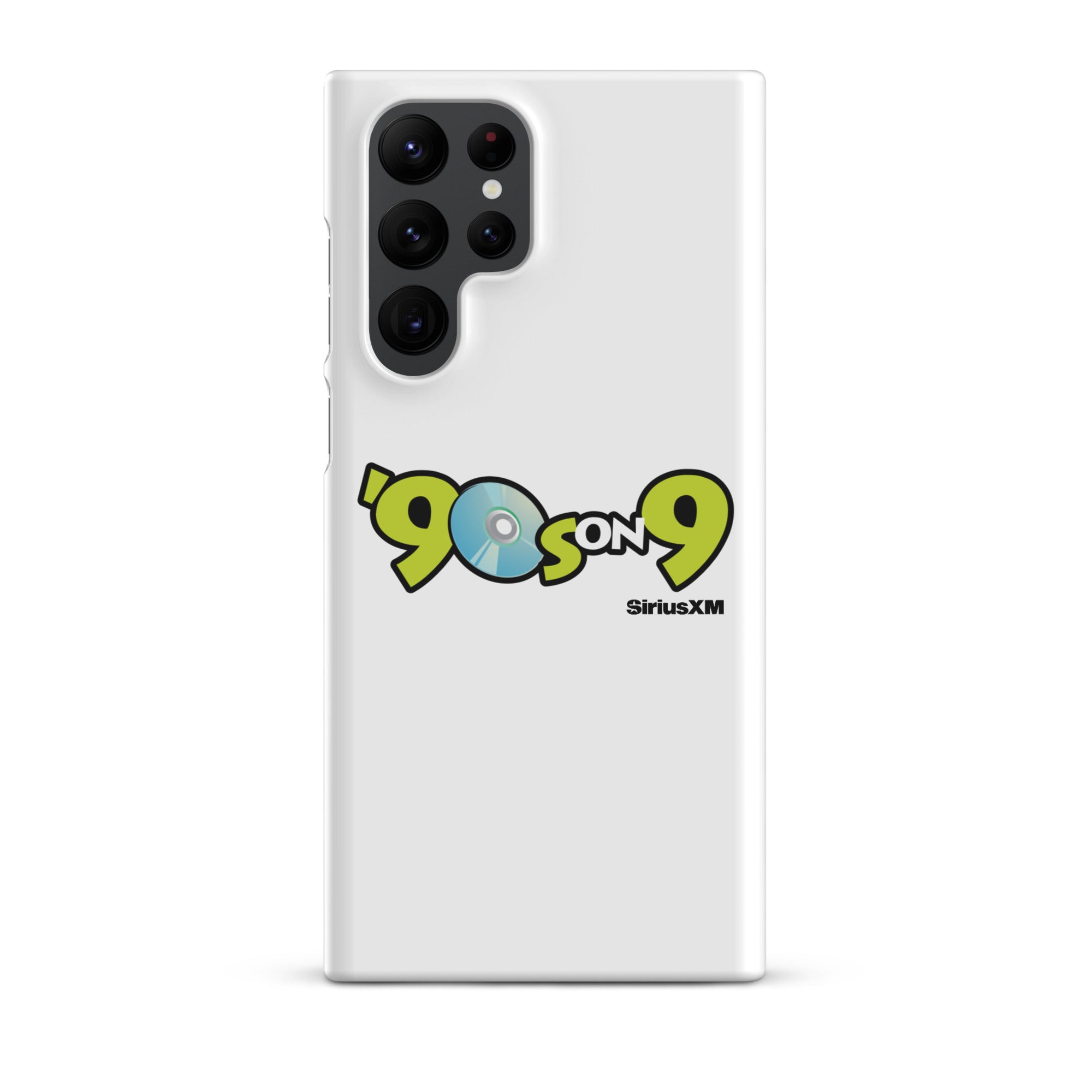 White phone case featuring the '90s on 9 SiriusXM' logo with a blue disc icon.