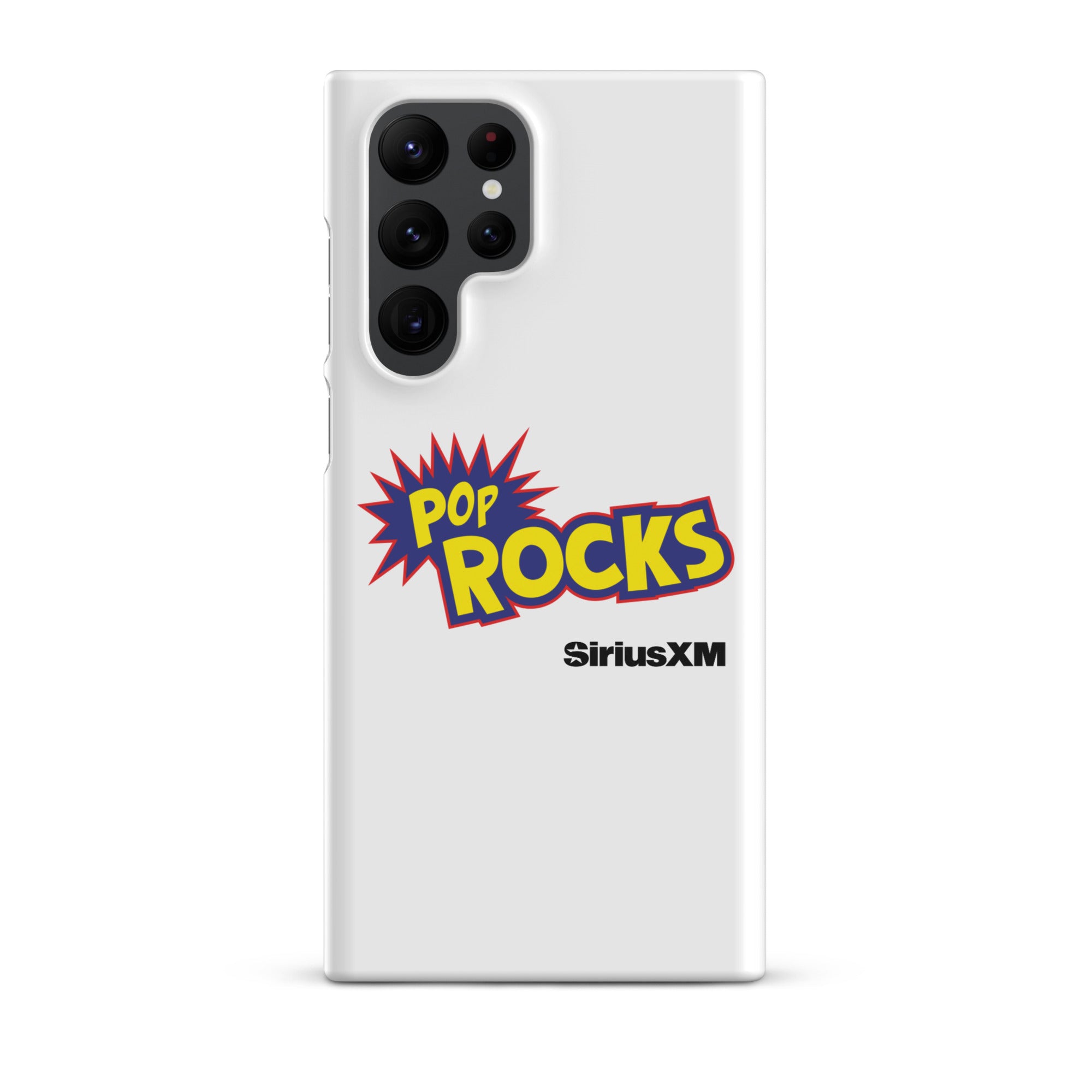 A white phone case featuring 'Pop Rocks' explosion graphic design  'SiriusXM' logo.
