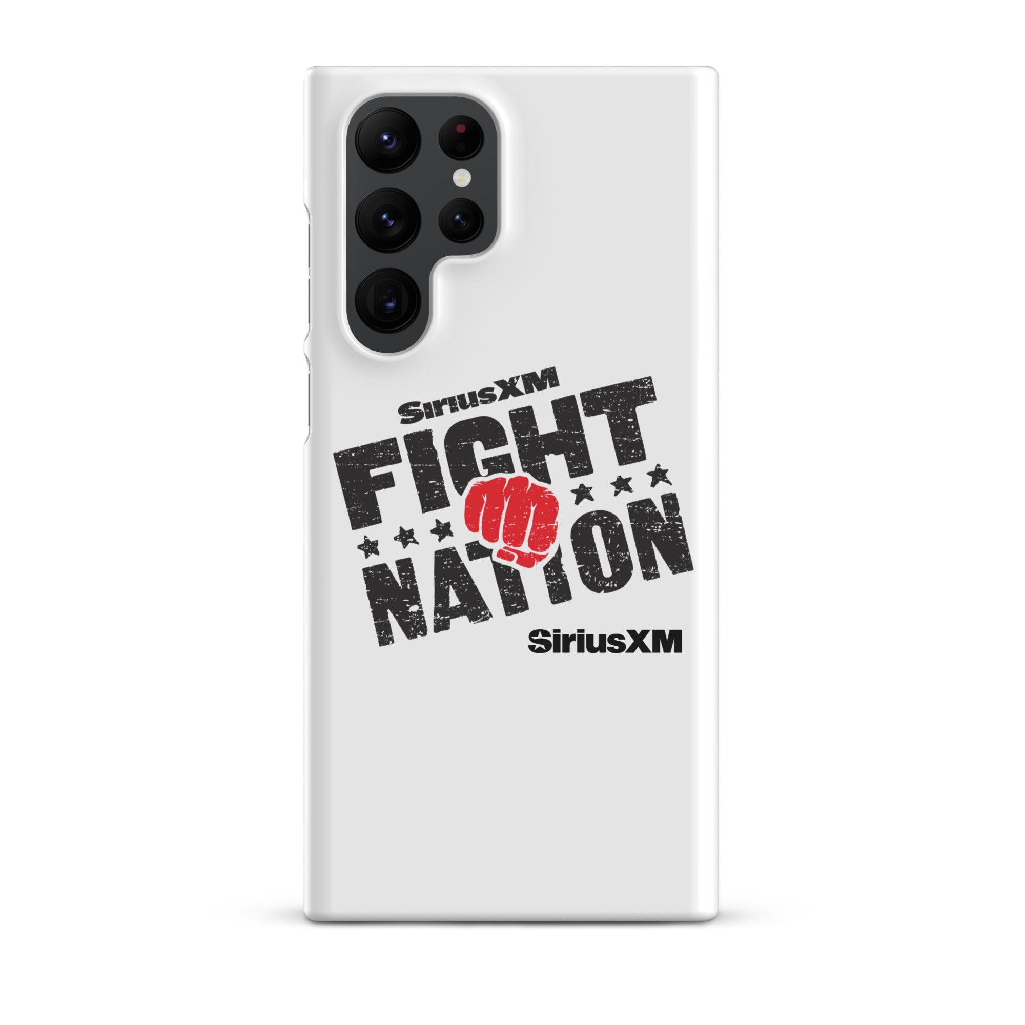White phone case with 'SiriusXM FIGHT NATION' logo and a red fist graphic.