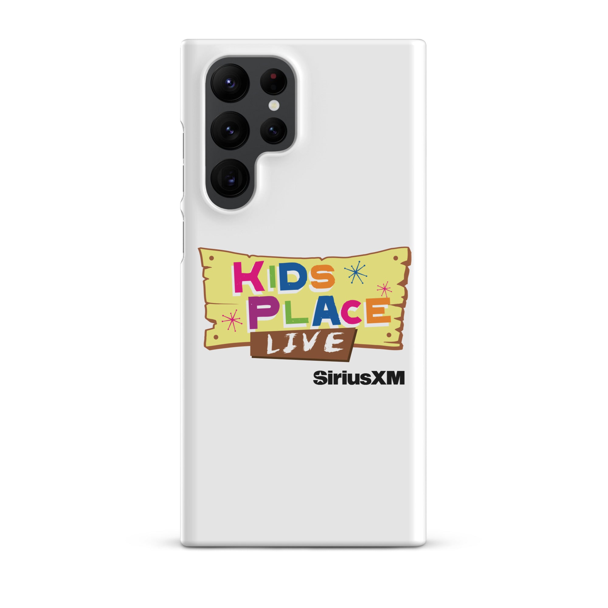 Kids Place Live' logo on a white phone case featuring colorful text and 'SiriusXM' branding.
