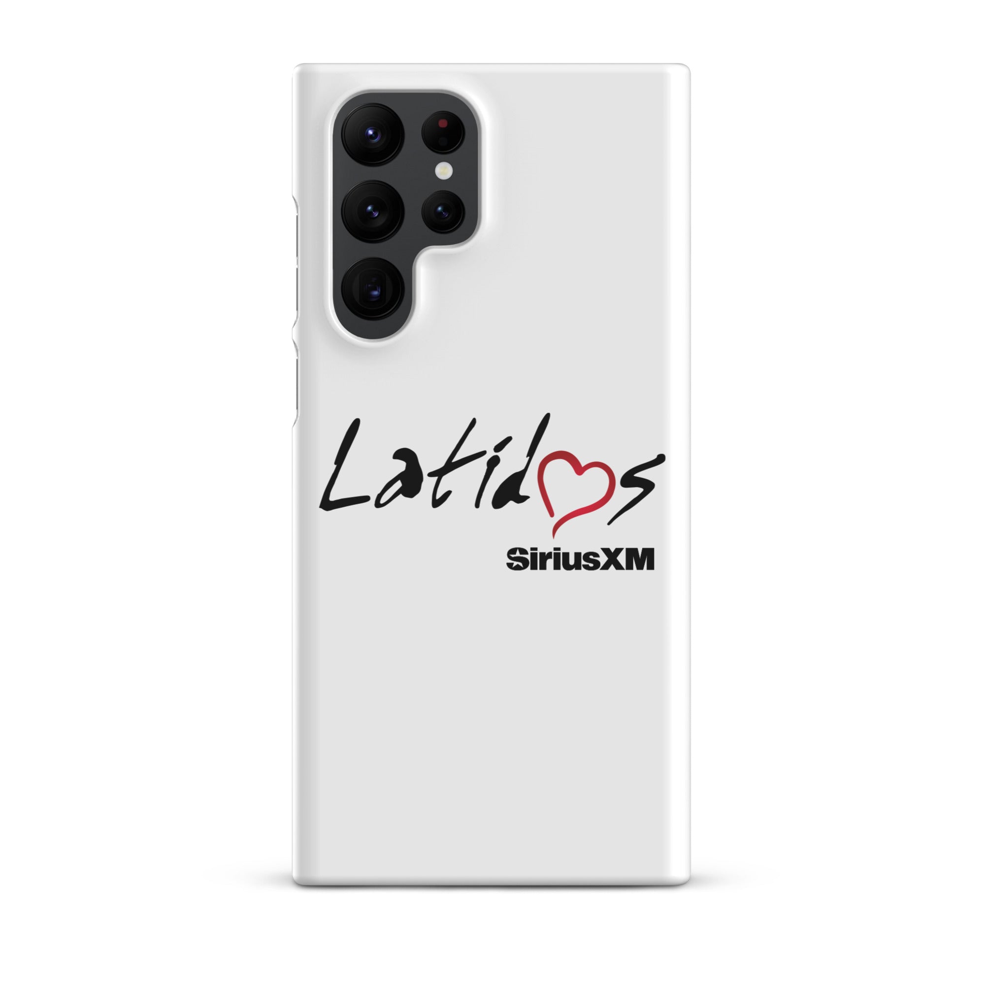 White phone case featuring 'Latidos' with a heart and 'SiriusXM' logo.
