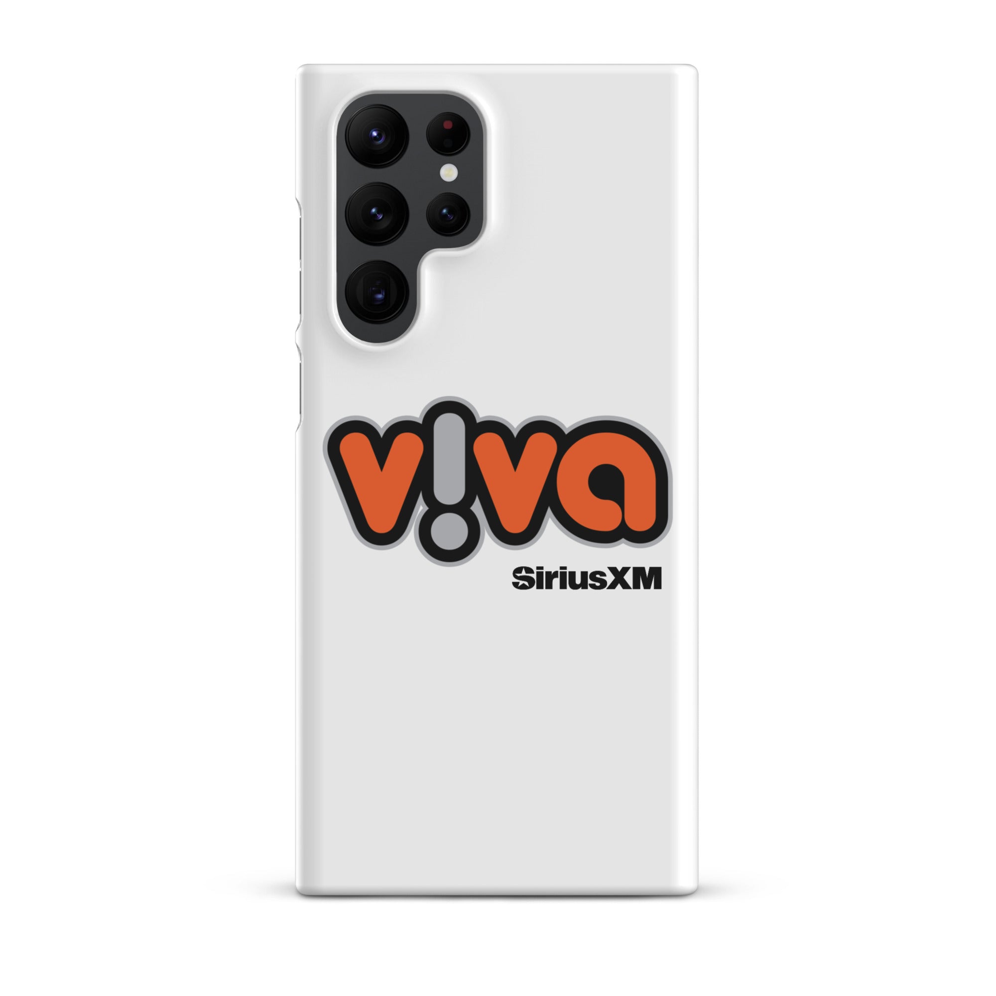 White phone case with 'viva' logo in orange and black, featuring 'SiriusXM' branding.