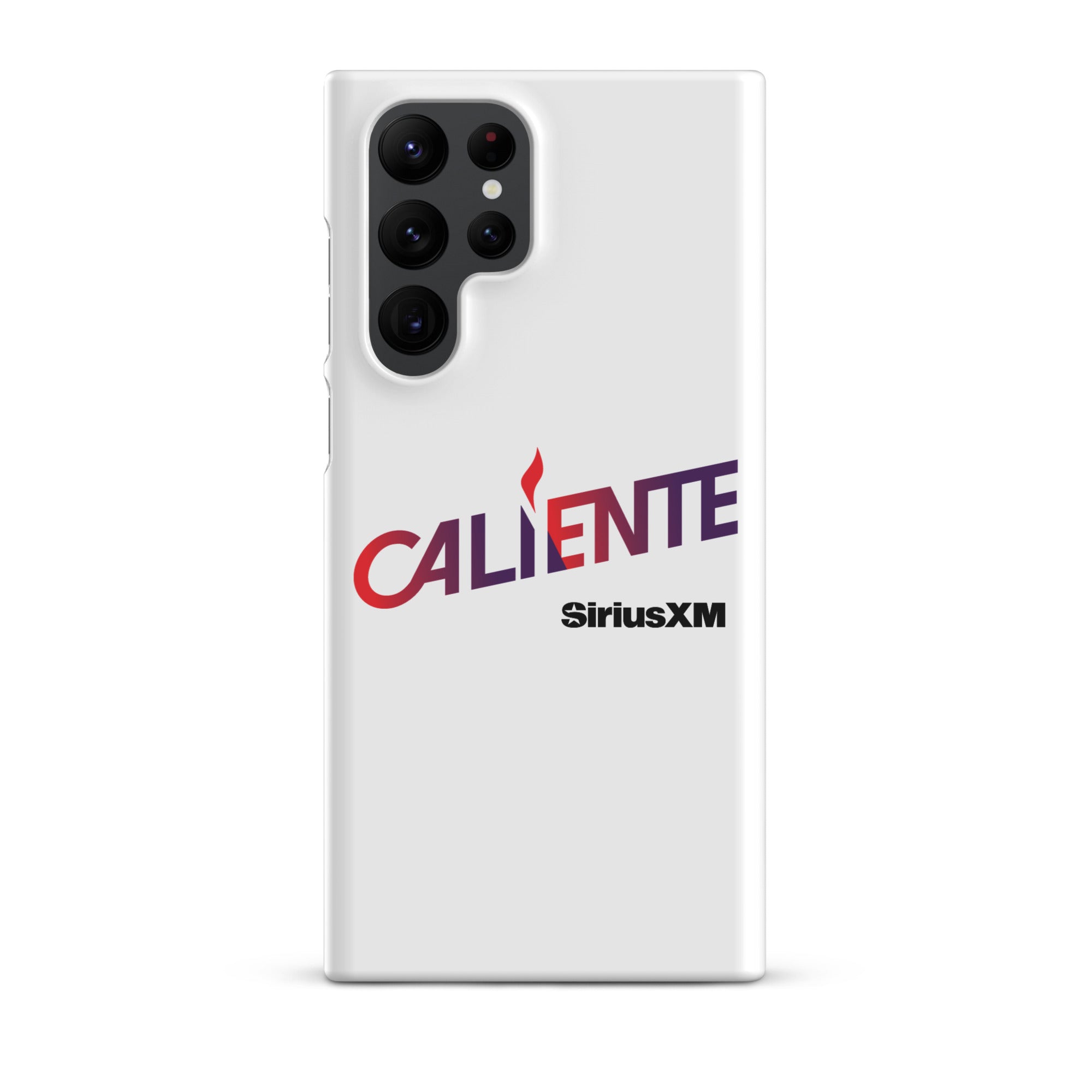 A white phone case with the word 'CALIENTE' in red and purple, and the 'SiriusXM' logo underneath.