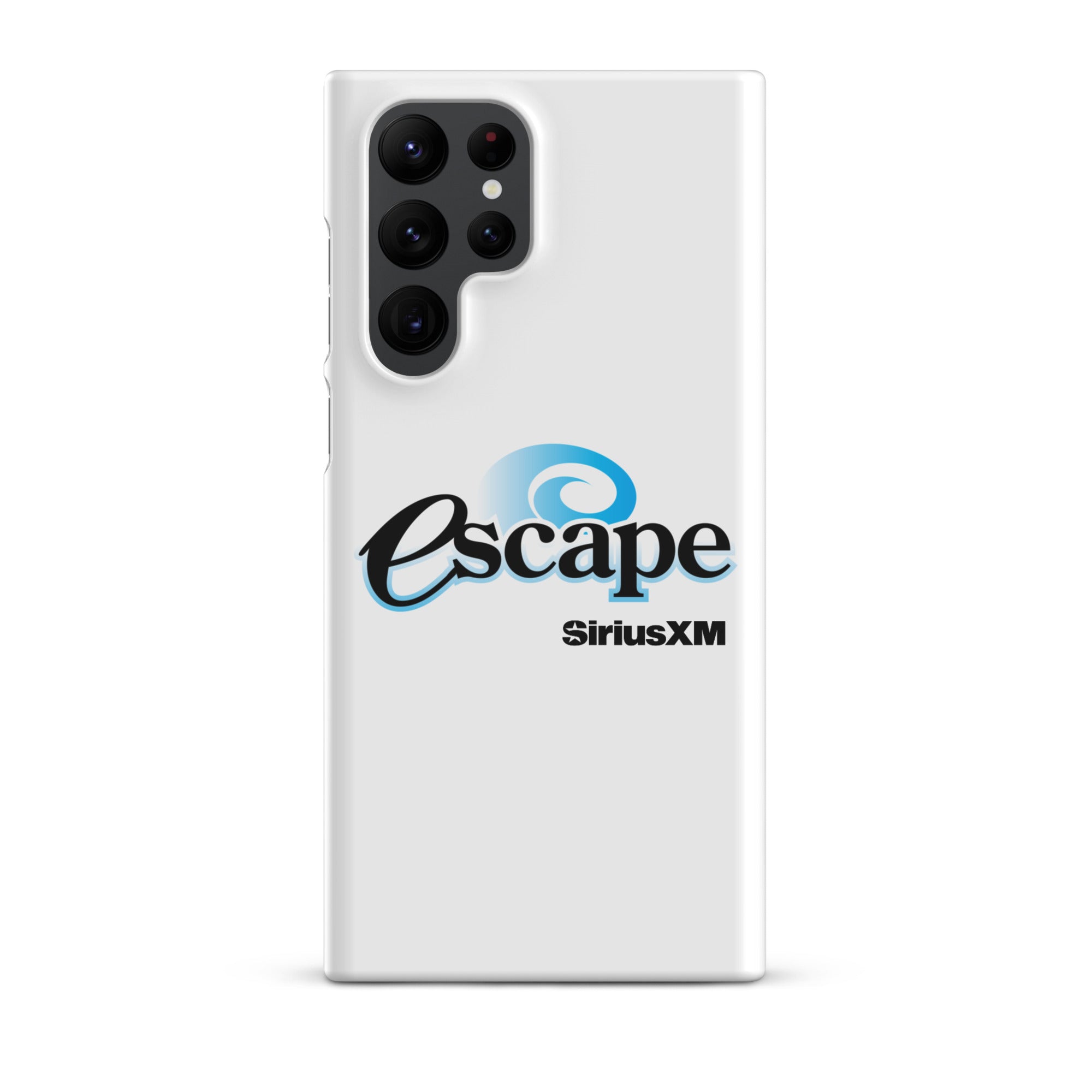 White phone case featuring the 'escape' logo and 'SiriusXM' branding.