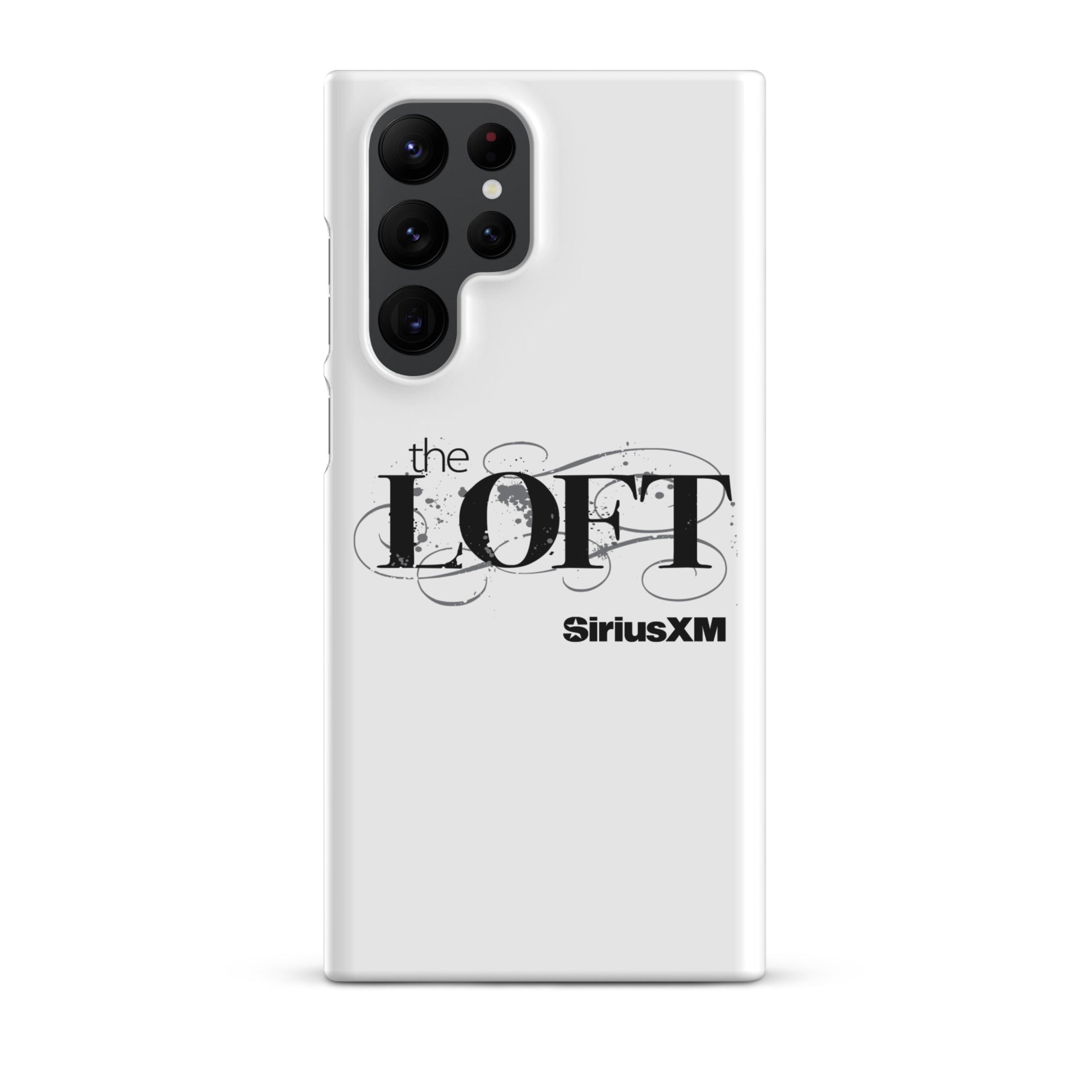 Phone case featuring 'the LOFT' and 'SiriusXM' logos on a white background.