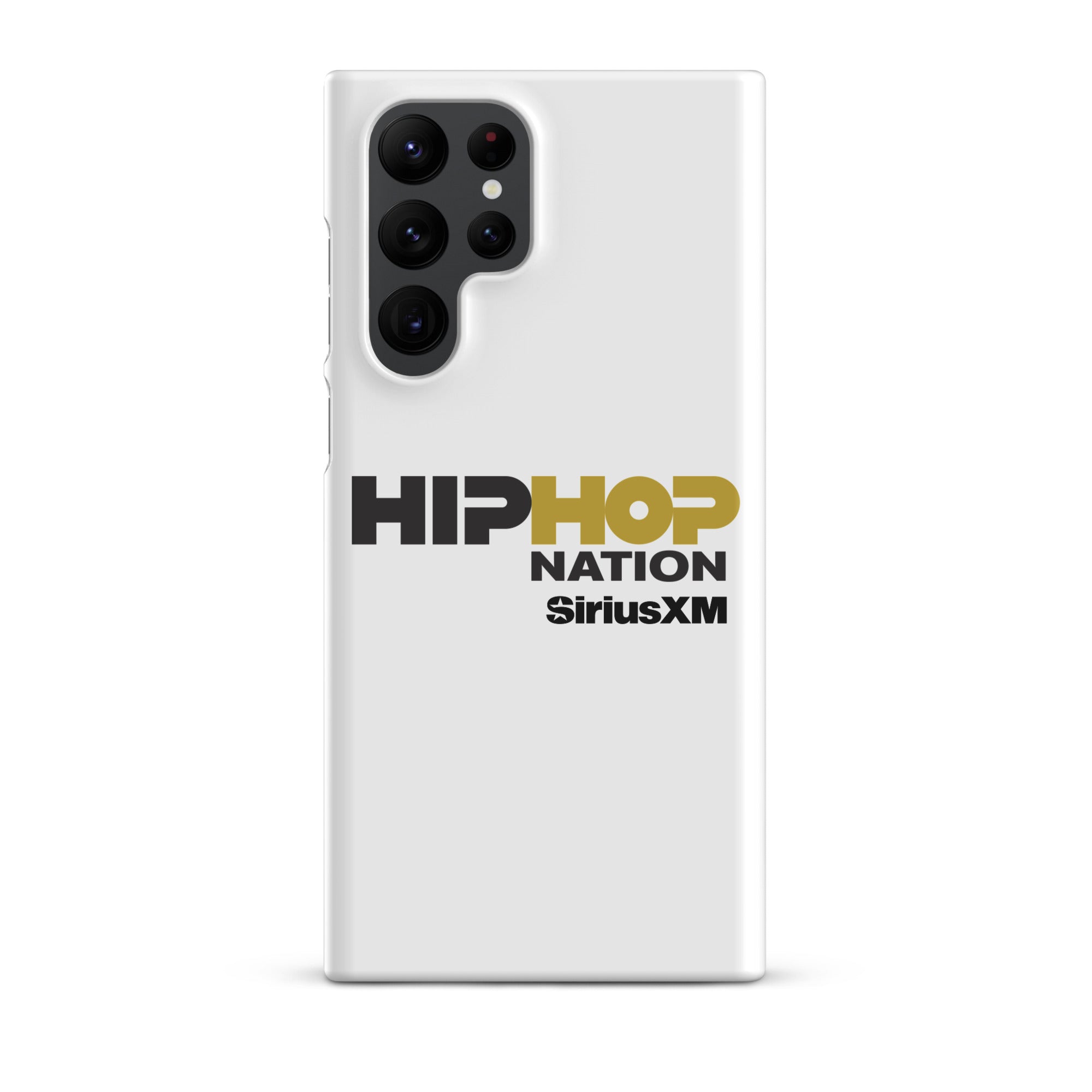 A white phone case featuring the text 'HIP HOP NATION' and 'SiriusXM' in black and gold.