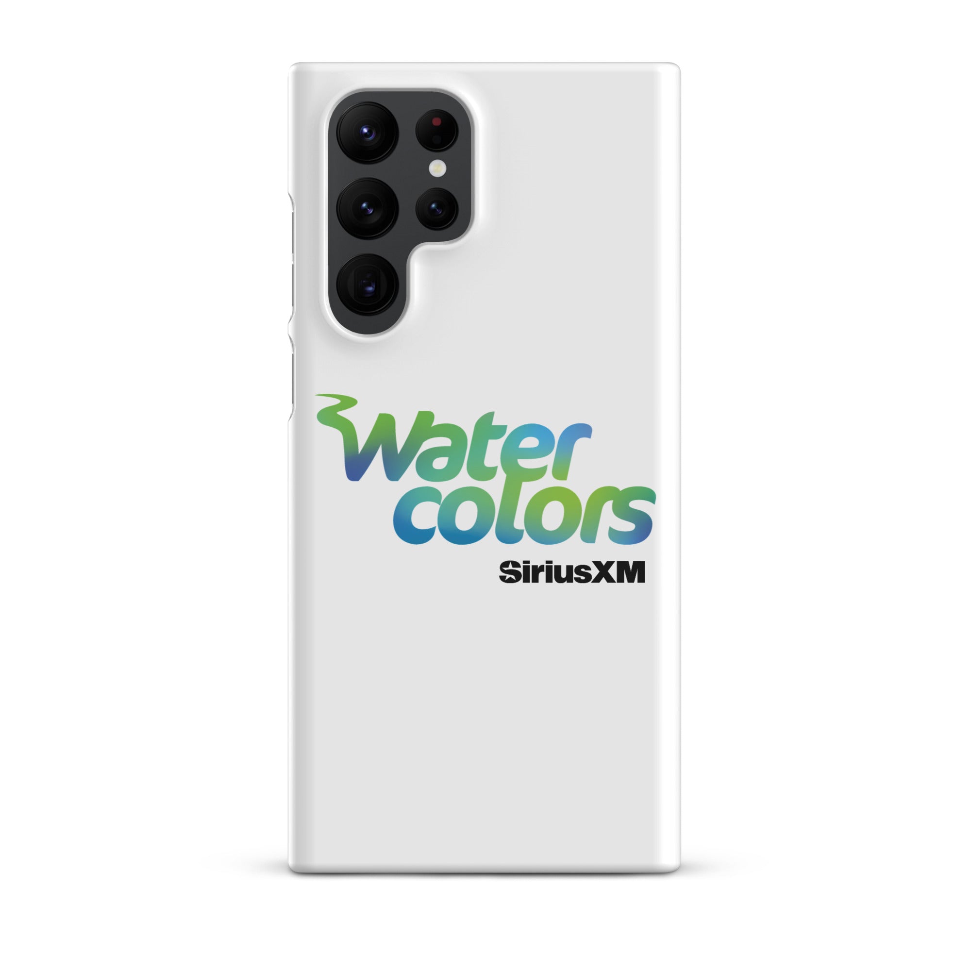 White smartphone case with 'Water colors' logo in blue and green, and 'SiriusXM' in black.
