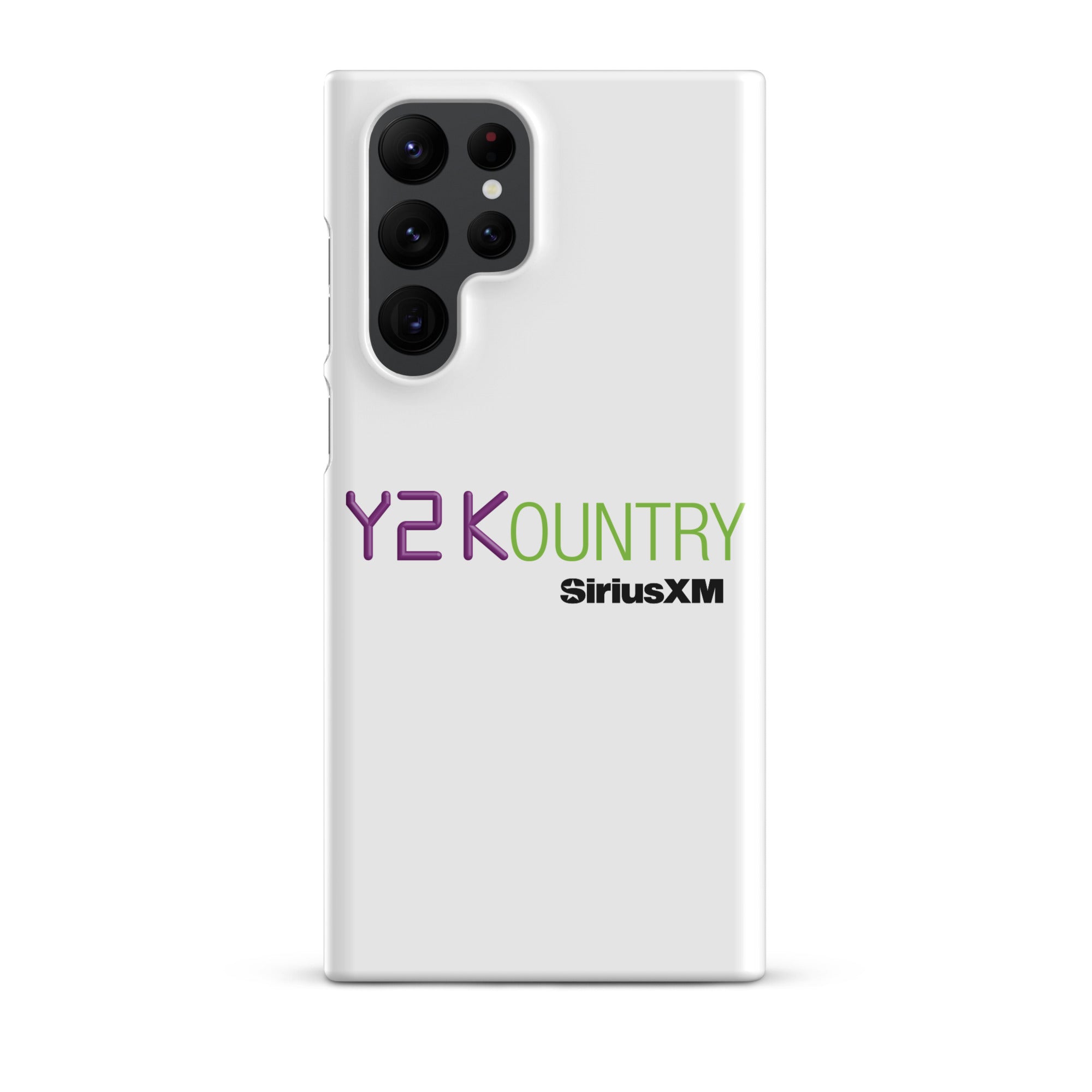 White phone case featuring 'Y2KOUNTRY' and 'SiriusXM' logos in purple and green.