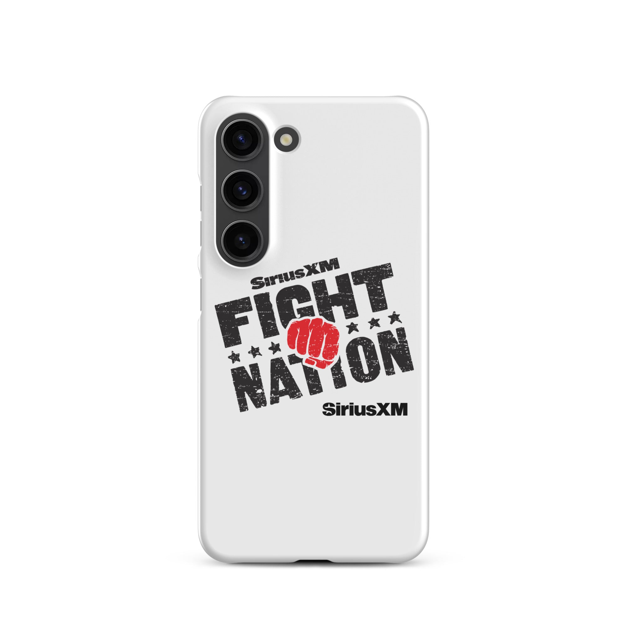 White phone case with 'SiriusXM FIGHT NATION' logo and a red fist graphic.