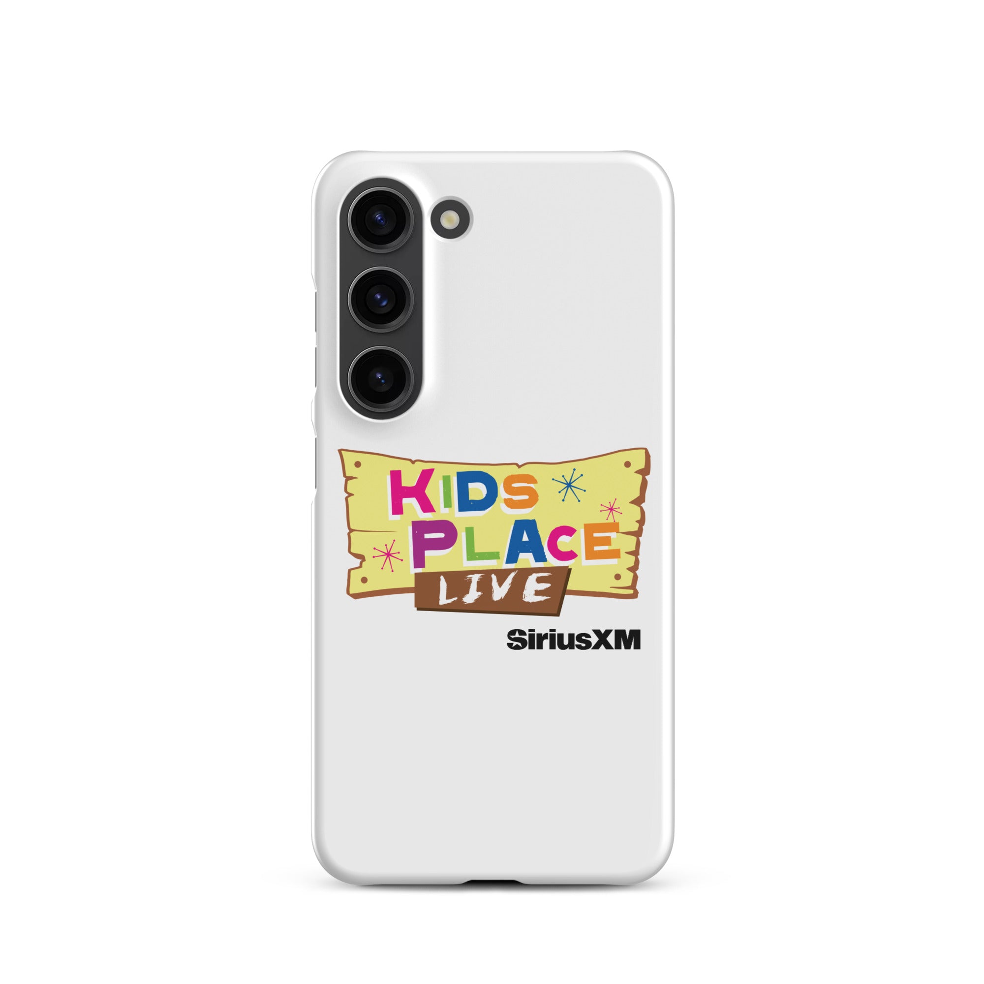 Kids Place Live' logo on a white phone case featuring colorful text and 'SiriusXM' branding.