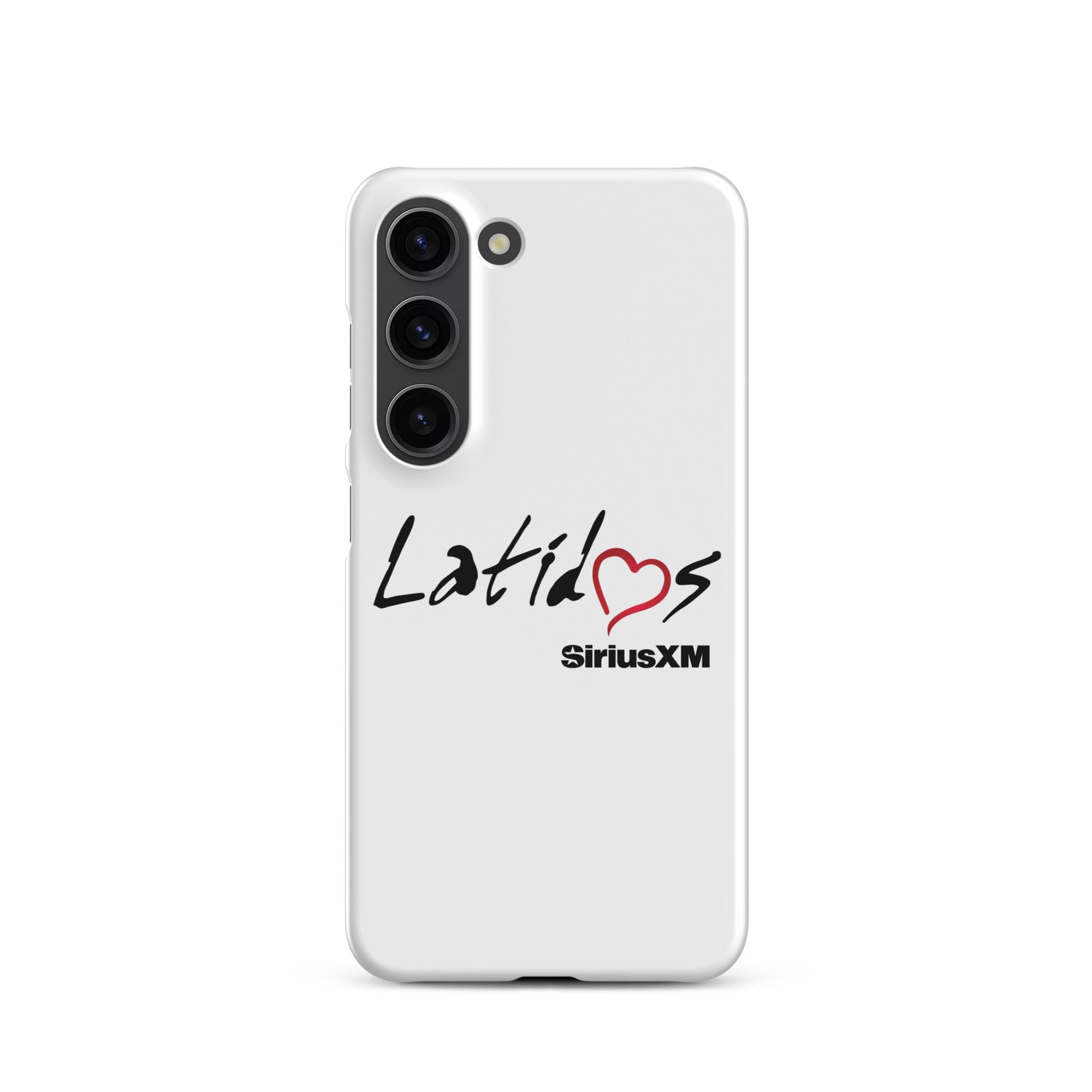 White phone case featuring 'Latidos' with a heart and 'SiriusXM' logo.