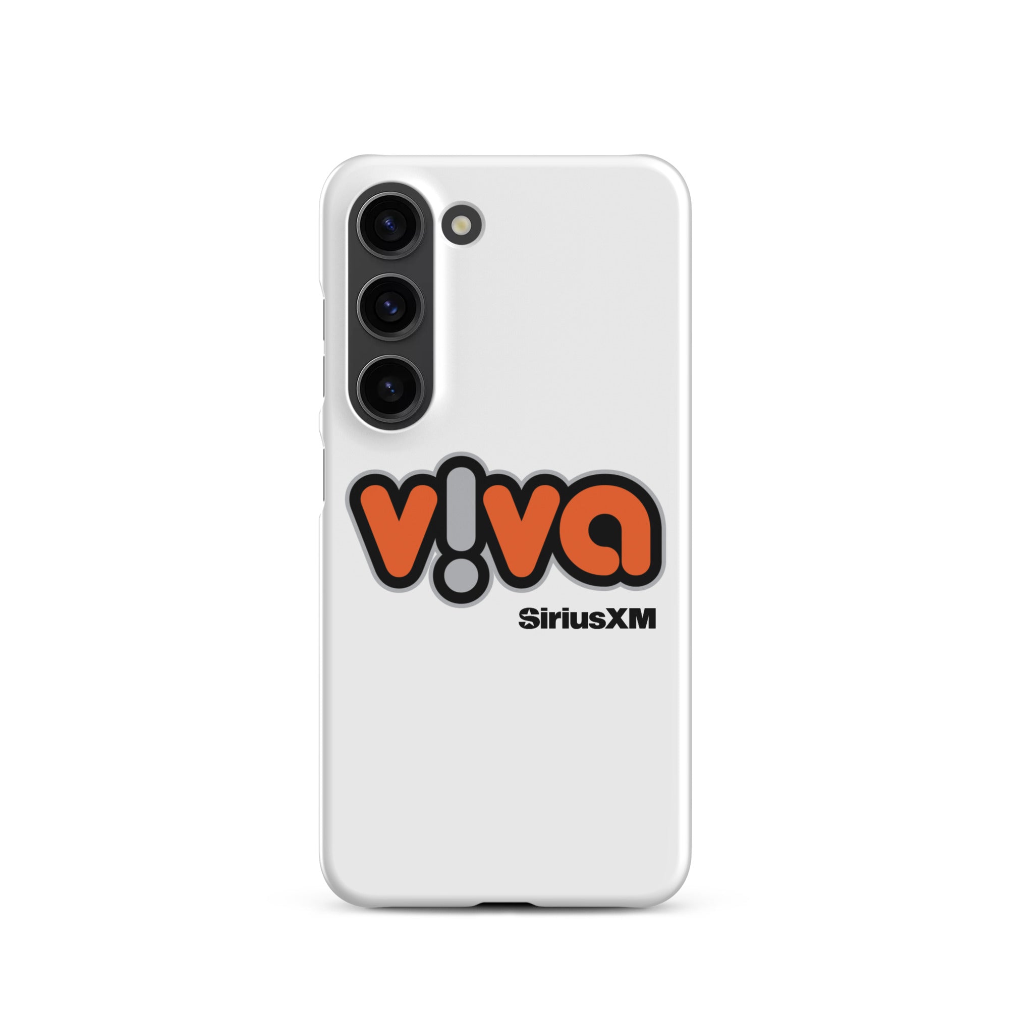 White phone case with 'viva' logo in orange and black, featuring 'SiriusXM' branding.
