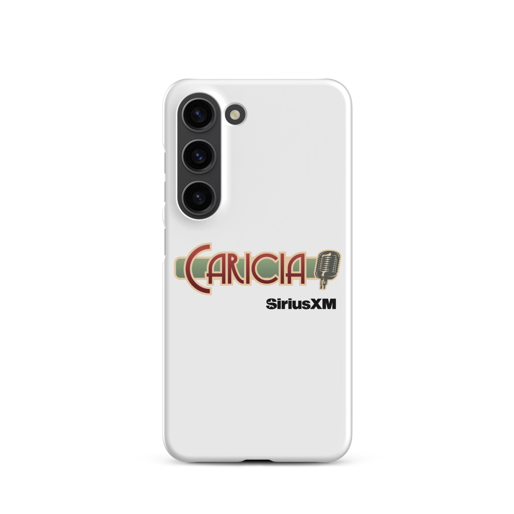 White phone case featuring the text 'CARICIA' and 'SiriusXM' with a microphone graphic.