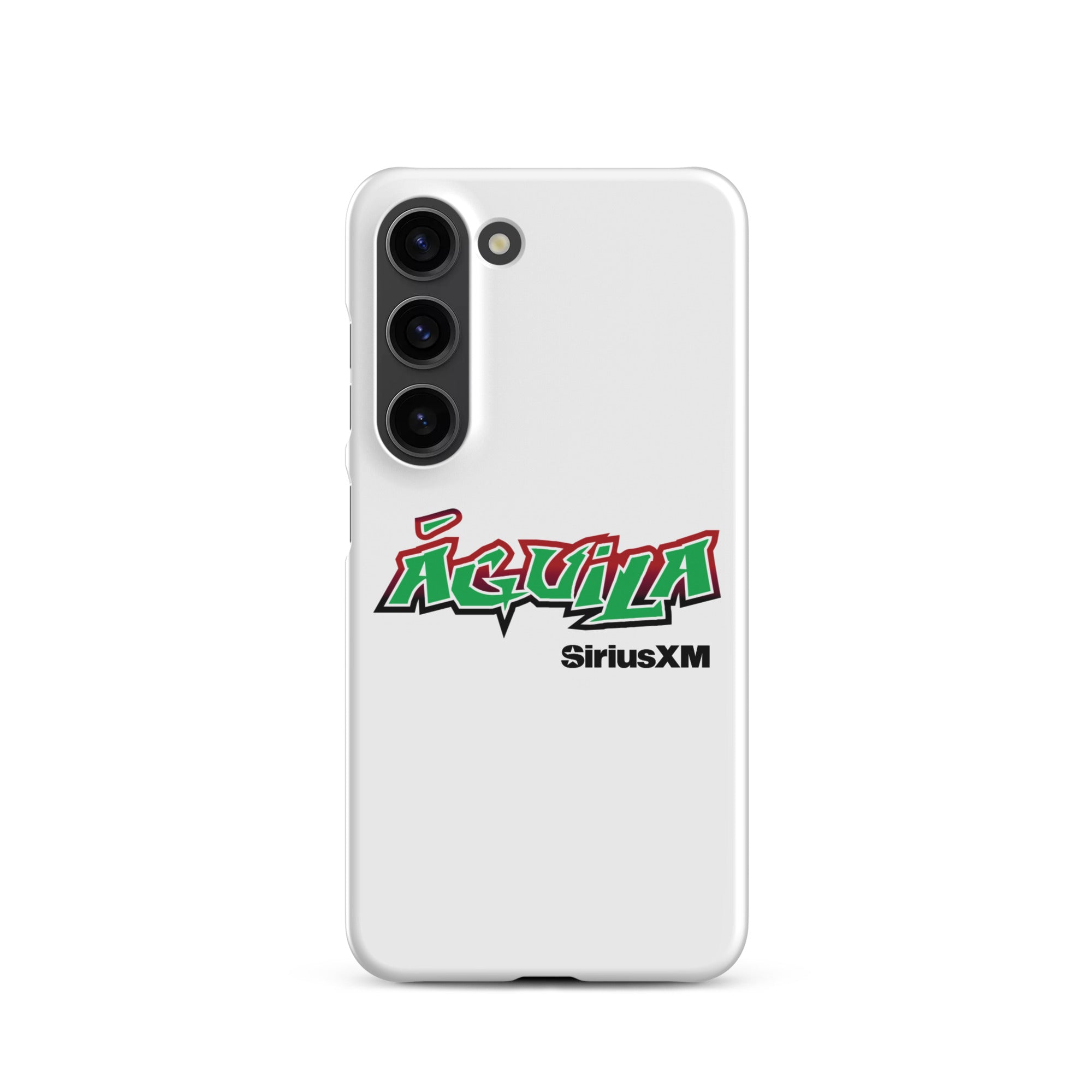 White smartphone case featuring 'Águila' in green and red text with 'SiriusXM' below.