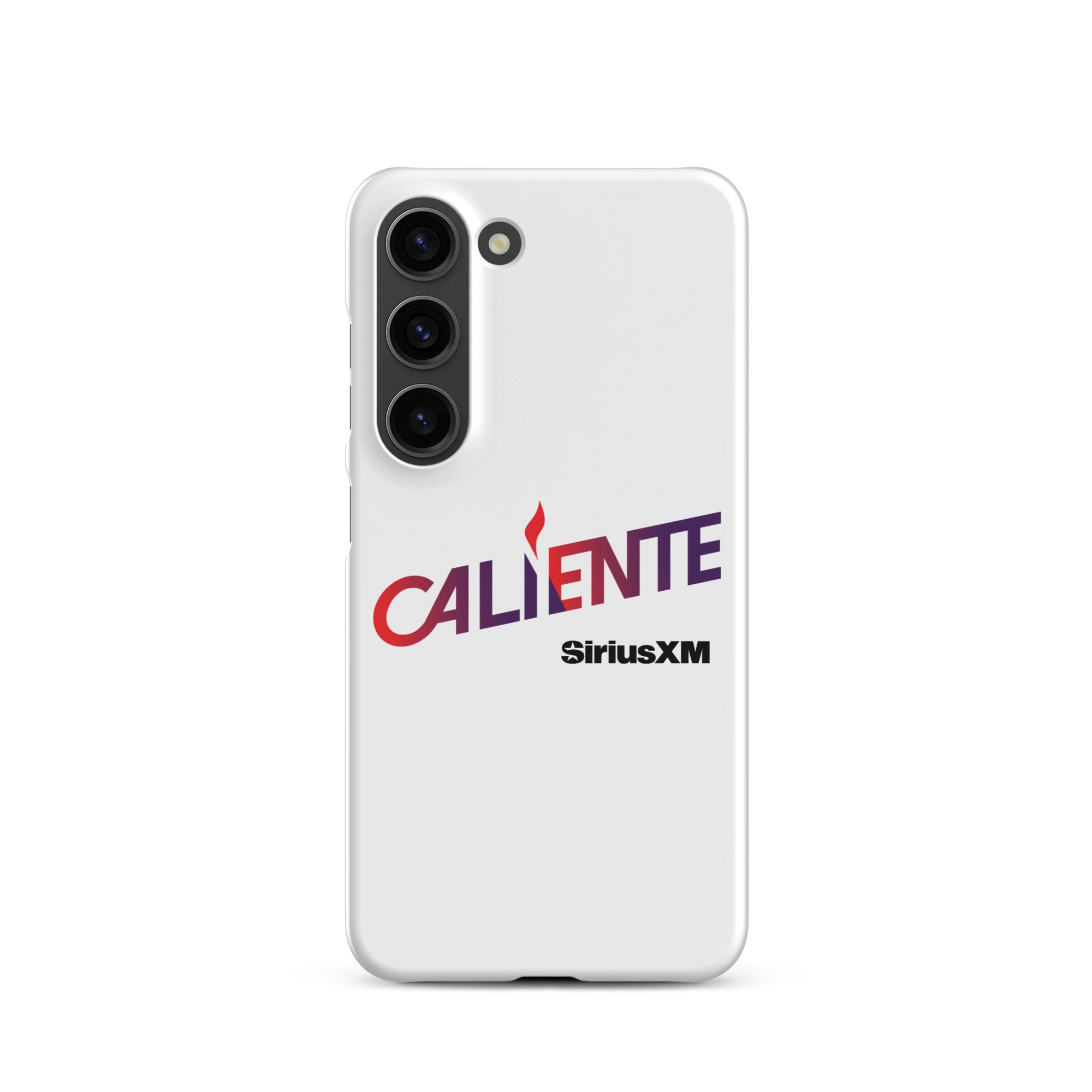 A white phone case with the word 'CALIENTE' in red and purple, and the 'SiriusXM' logo underneath.