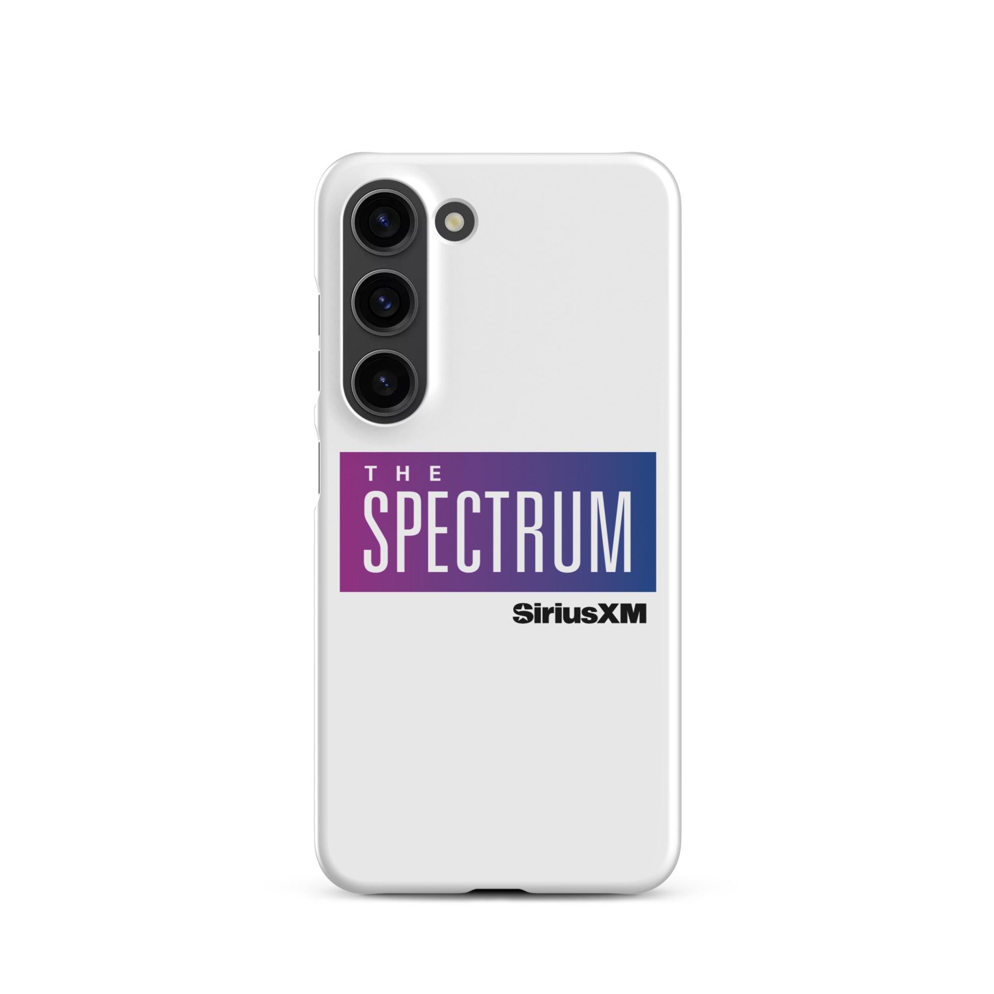 White phone case featuring 'THE SPECTRUM' logo and 'SiriusXM' text in blue and purple.