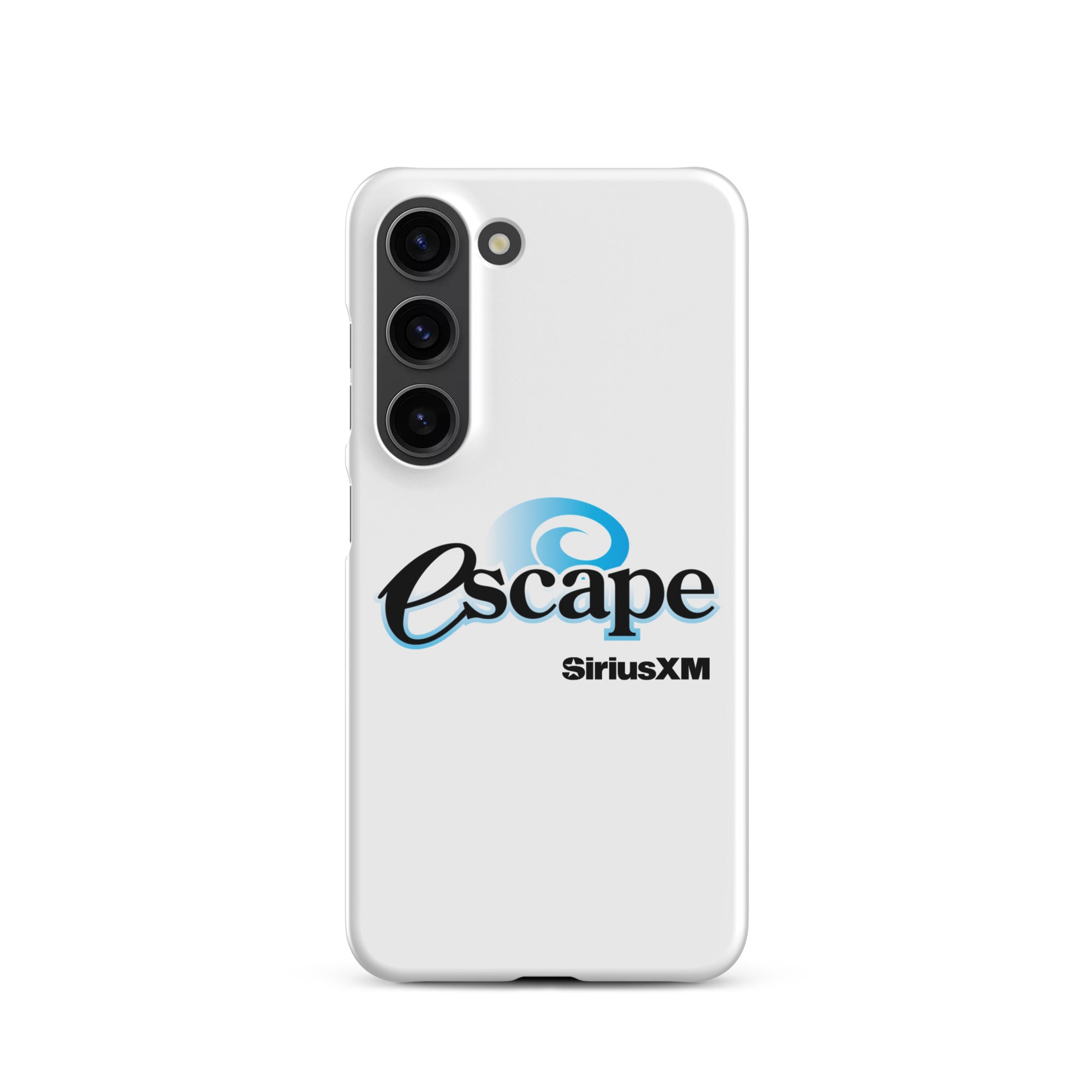 White phone case featuring the 'escape' logo and 'SiriusXM' branding.