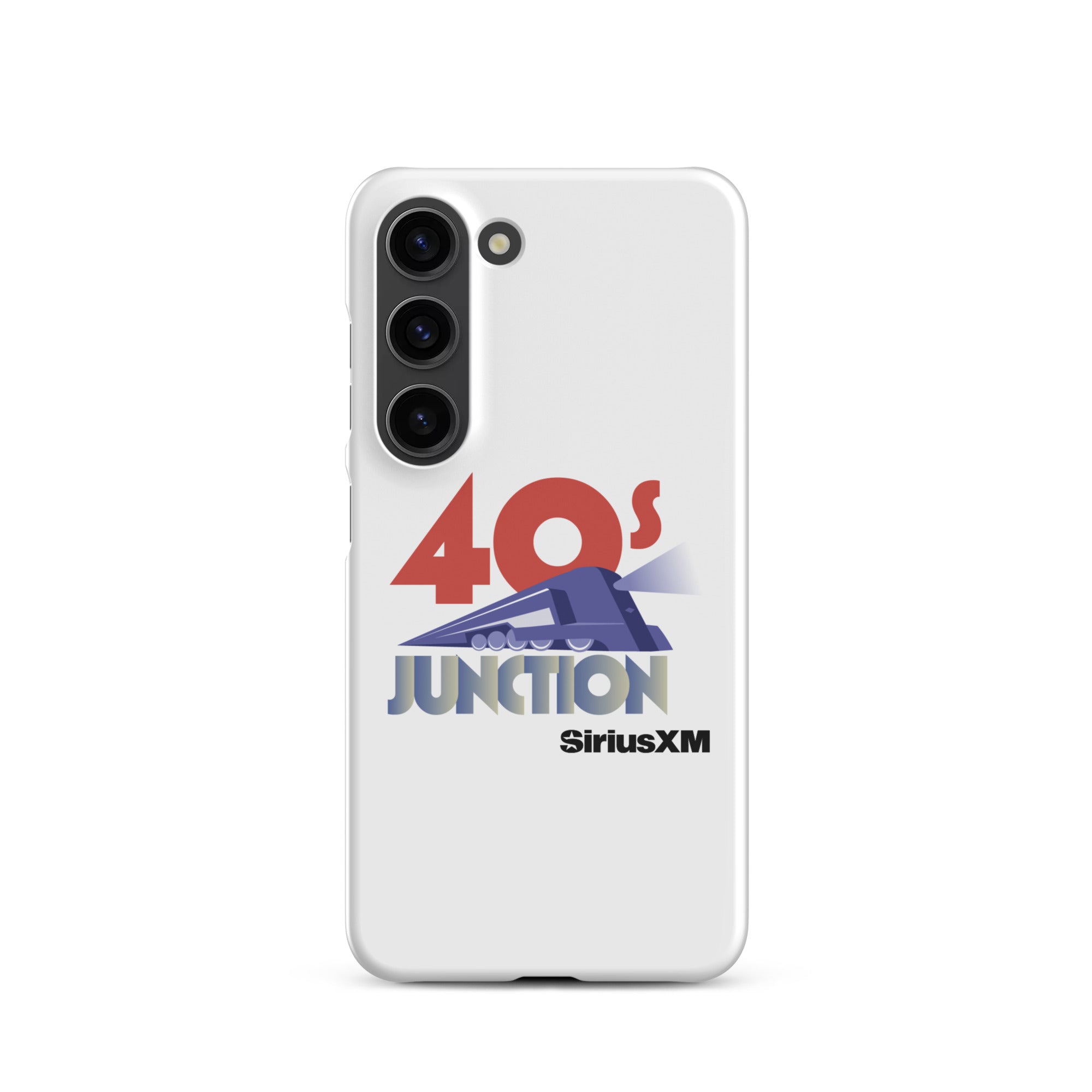 White phone case featuring a design with '40s Junction' and a train graphic, branded with 'SiriusXM.'