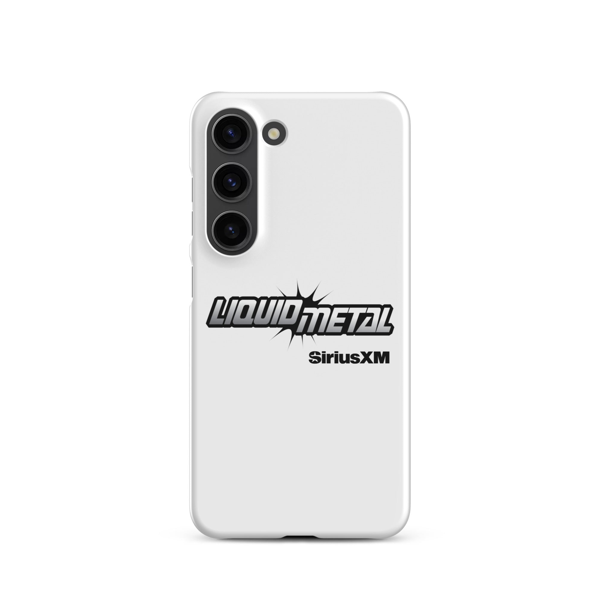 White phone case featuring 'LIQUID METAL' logo and 'SiriusXM' branding.