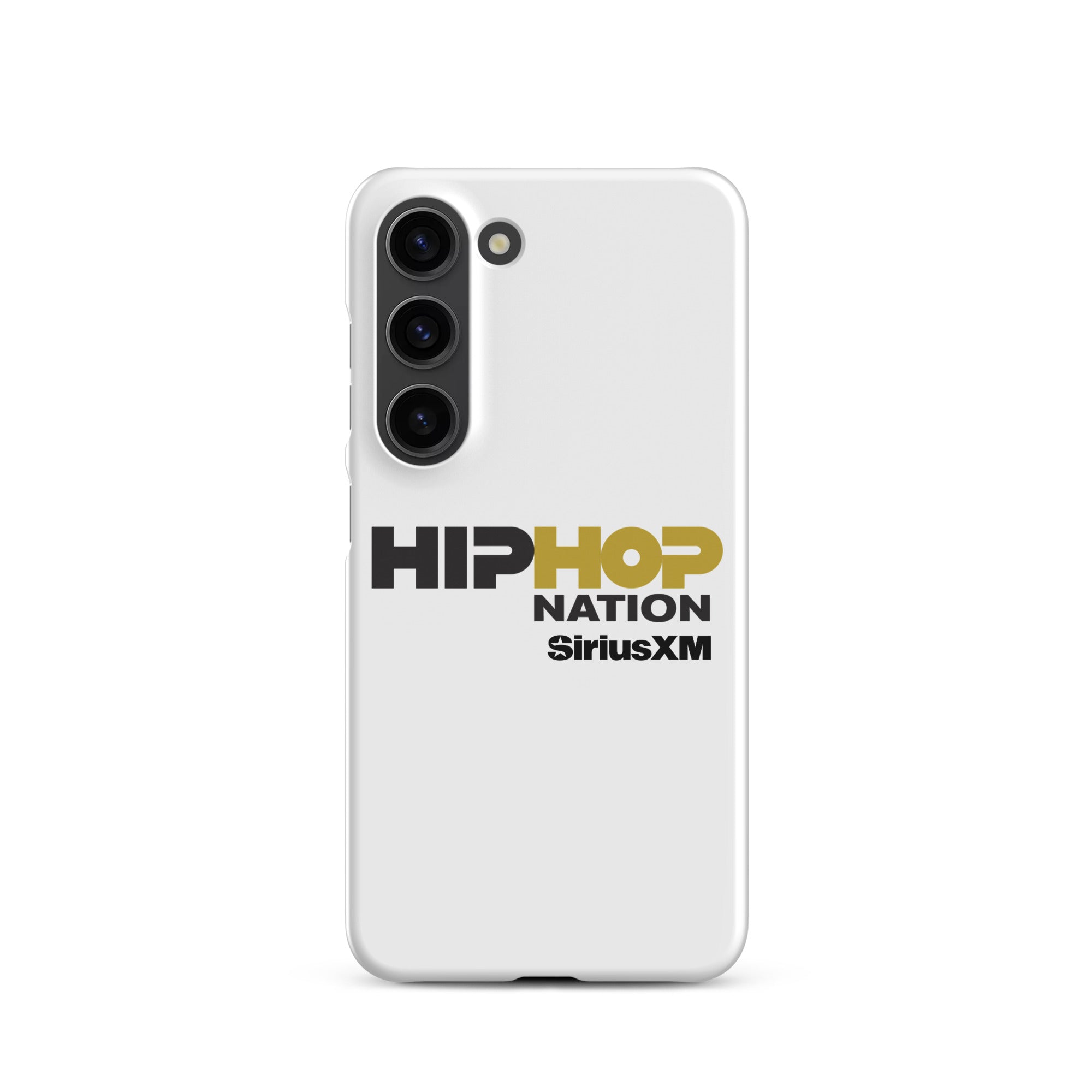 A white phone case featuring the text 'HIP HOP NATION' and 'SiriusXM' in black and gold.