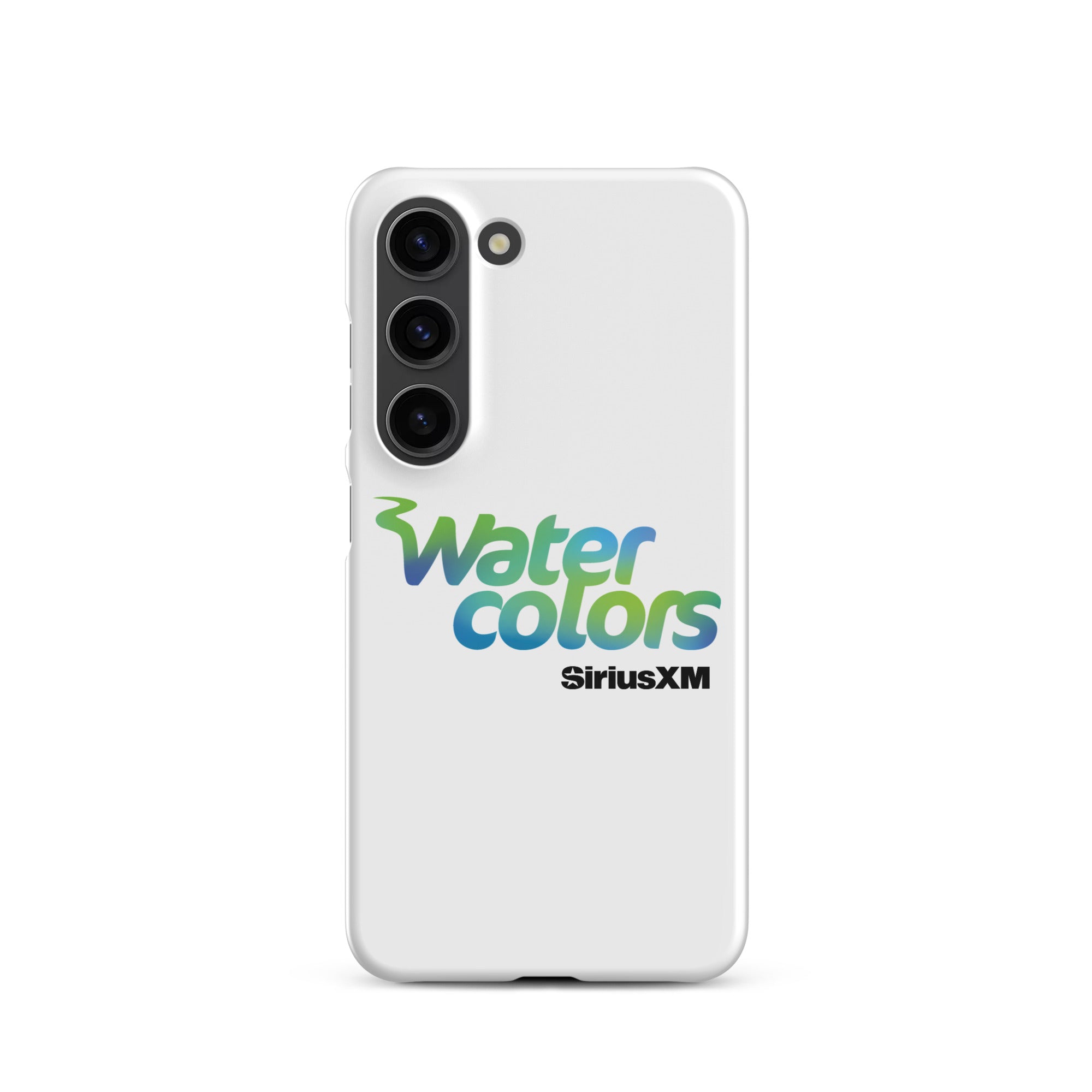 White smartphone case with 'Water colors' logo in blue and green, and 'SiriusXM' in black.