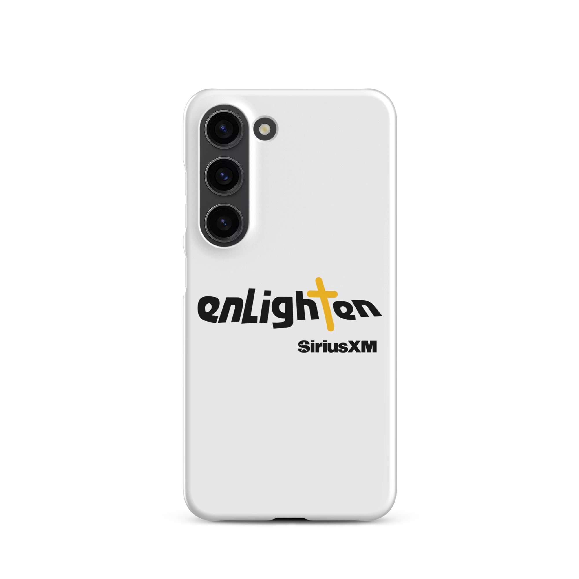 White smartphone case featuring 'enLighten' with black text and a yellow cross and 'SiriusXM' text.