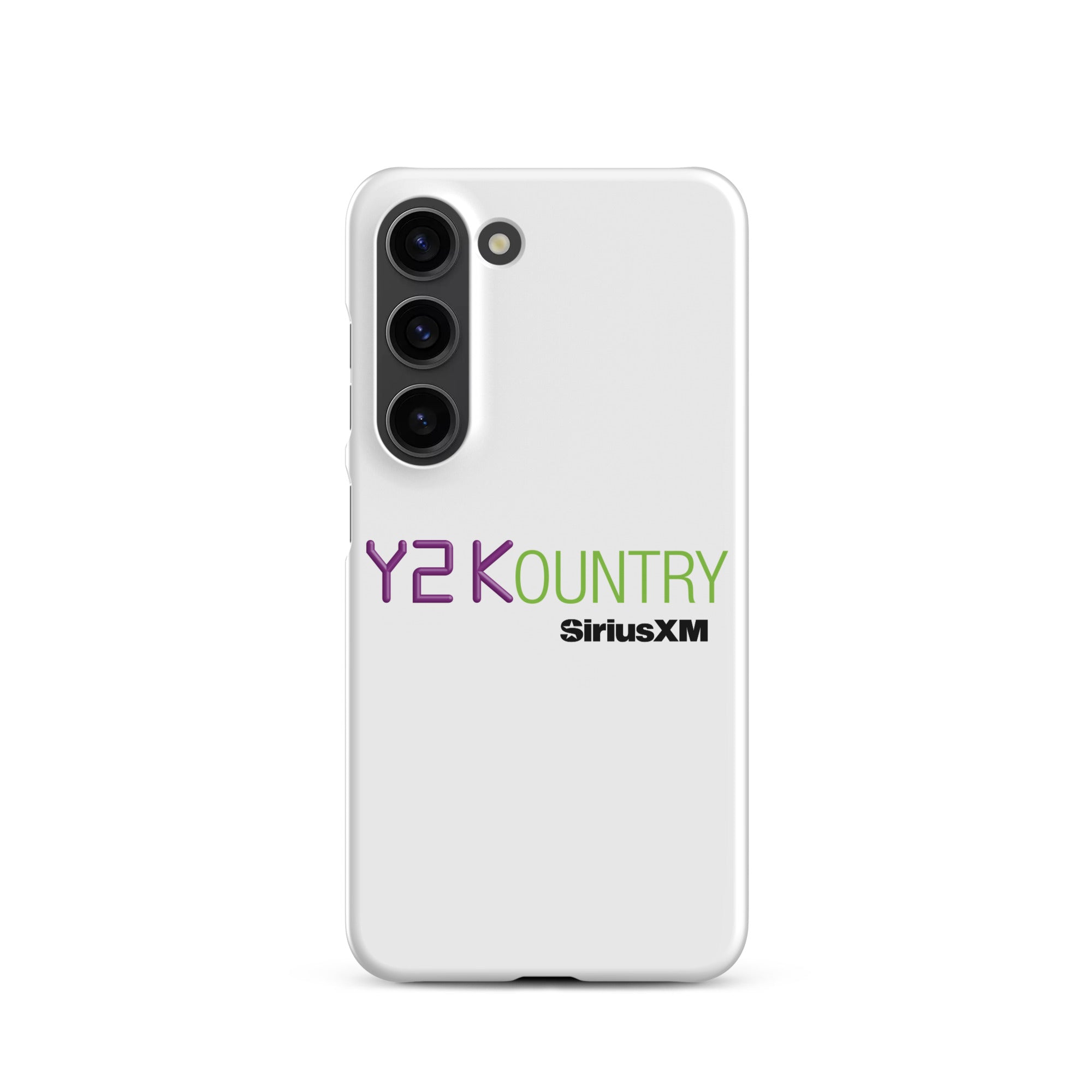 White phone case featuring 'Y2KOUNTRY' and 'SiriusXM' logos in purple and green.