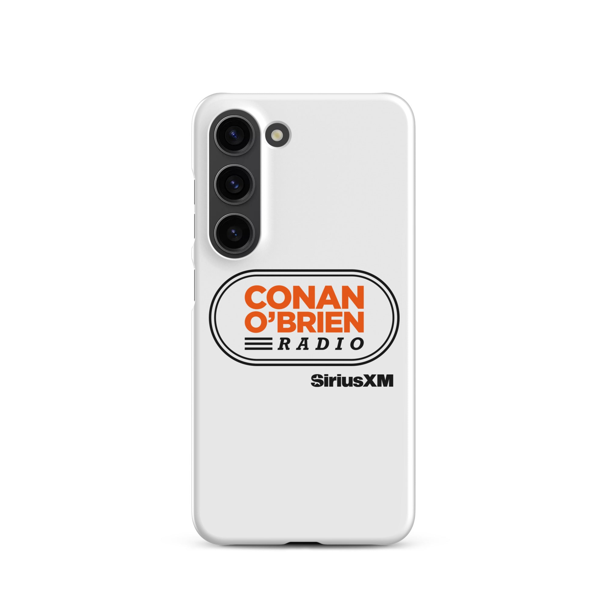 White phone case featuring 'CONAN O'BRIEN RADIO' and 'SiriusXM' logos.