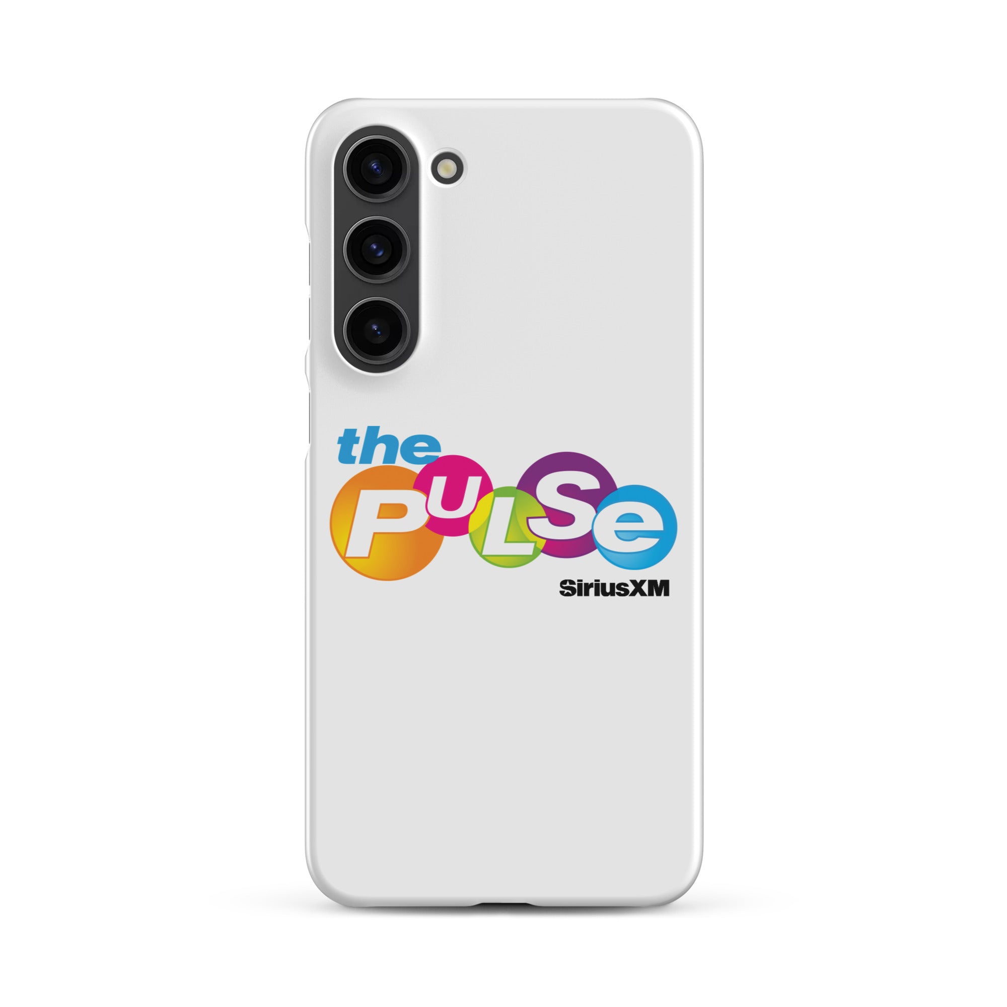 A white phone case featuring the colorful logo 'the PULSe SiriusXM.'