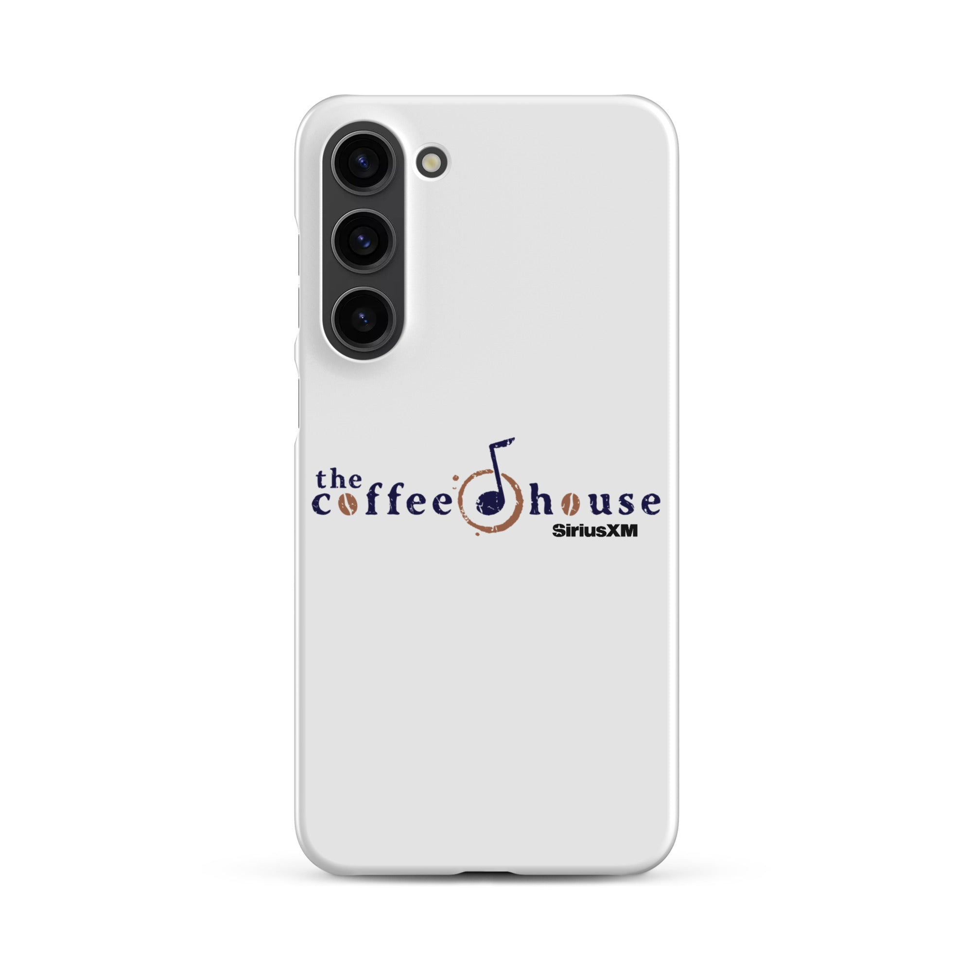 White phone case featuring 'the coffee house' logo with a musical note and 'SiriusXM' branding.