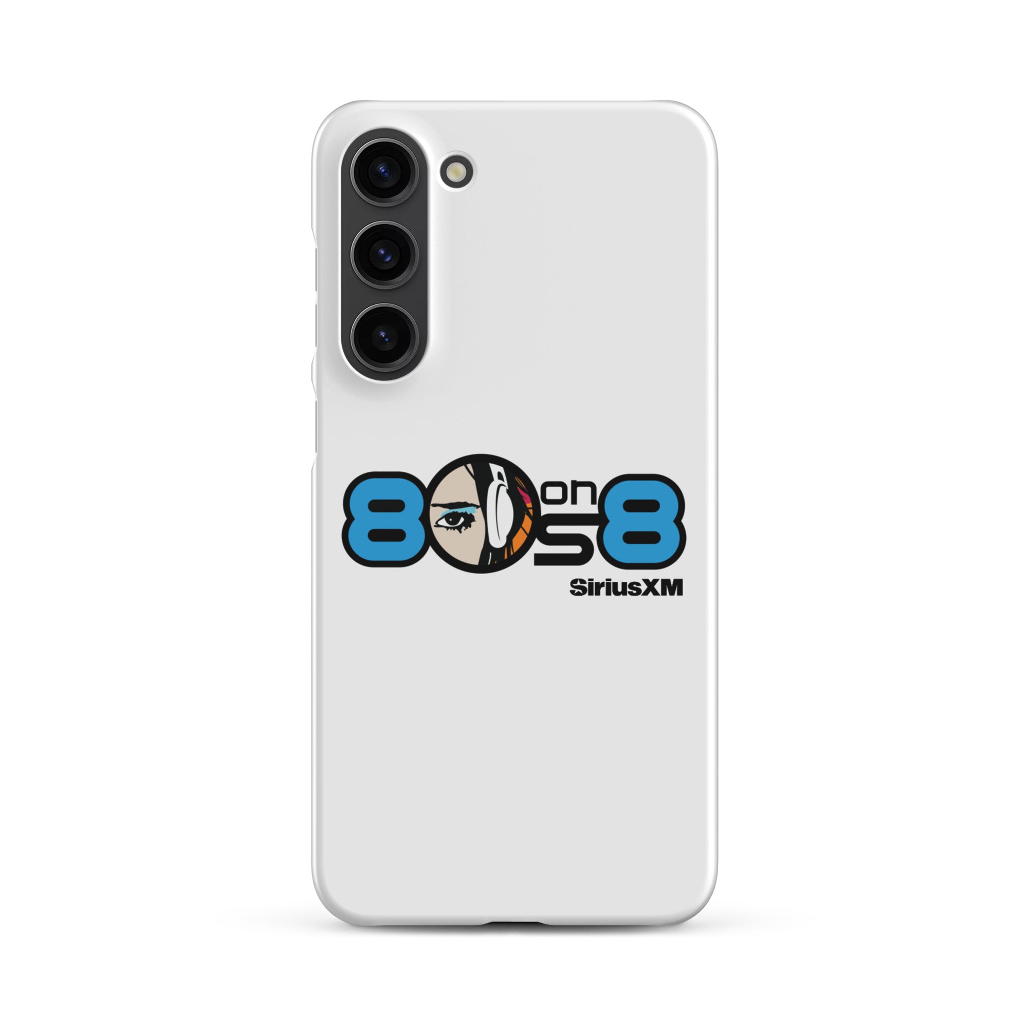 White phone case featuring the '80s on 8 SiriusXM' logo with a stylized face and headphones design.
