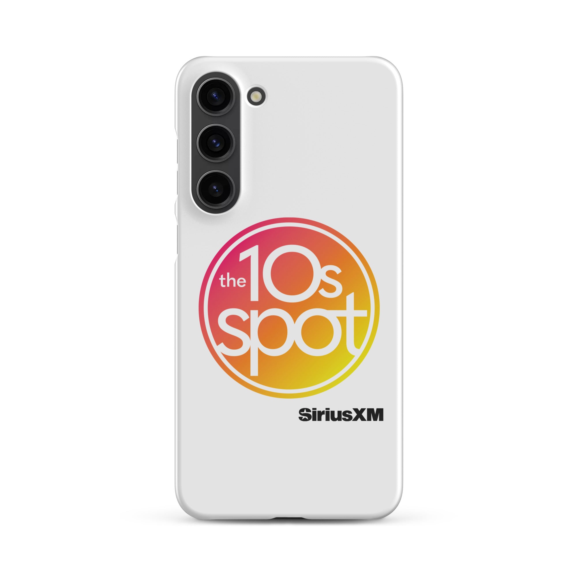 White phone case featuring 'the 10s spot' logo in a pink and yellow gradient and 'SiriusXM' branding.