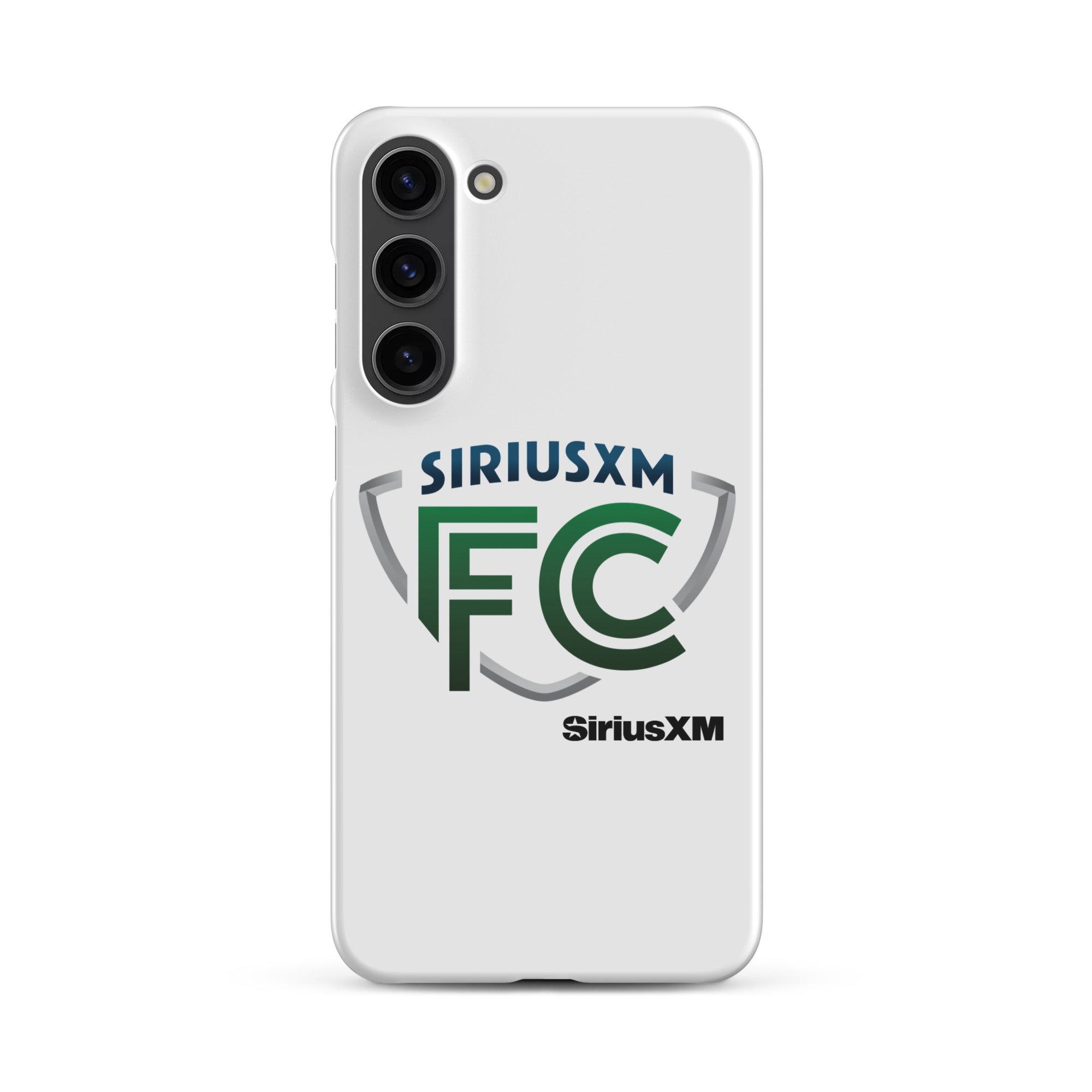 White phone case featuring 'SiriusXM FC' logo in green and blue.