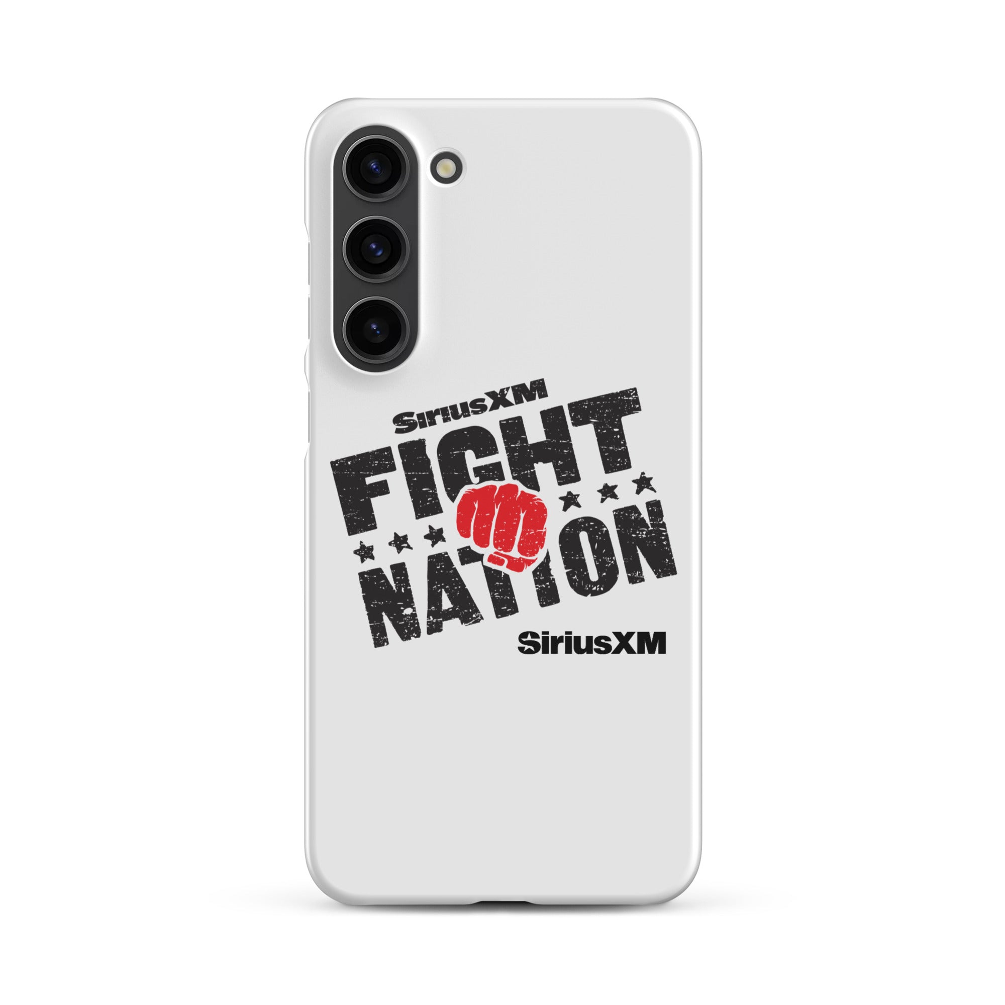 White phone case with 'SiriusXM FIGHT NATION' logo and a red fist graphic.