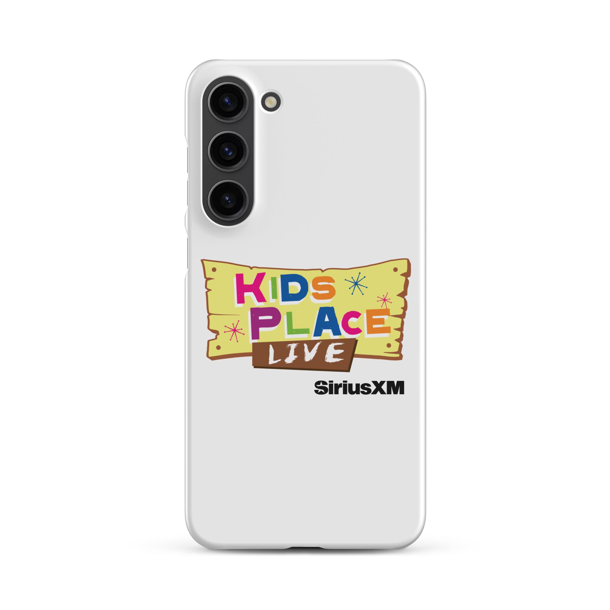 Kids Place Live' logo on a white phone case featuring colorful text and 'SiriusXM' branding.