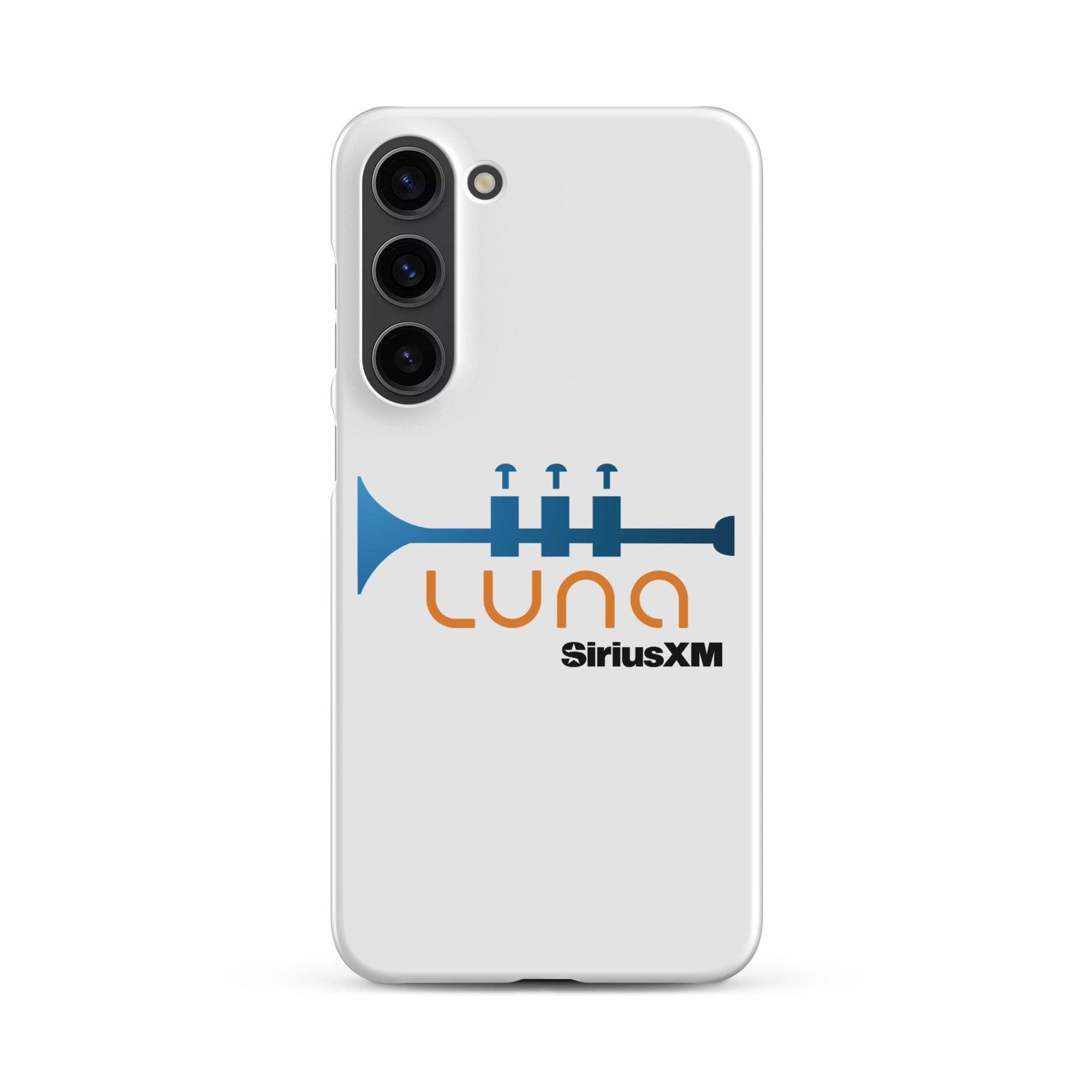 White phone case featuring a blue trumpet graphic and the logo 'LUNA SiriusXM' in orange and black.