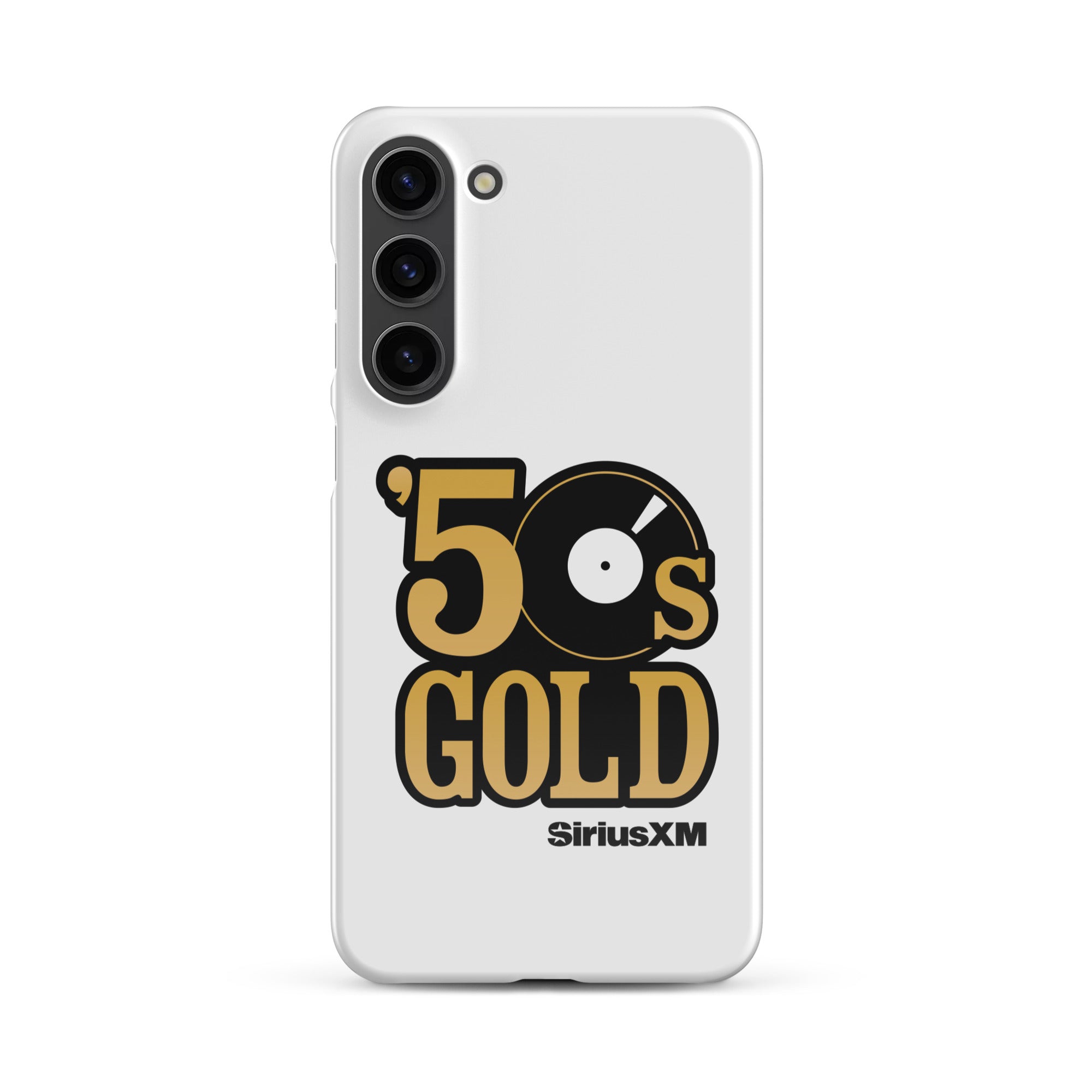 A white phone case featuring '50s GOLD' logo and 'SiriusXM' branding.