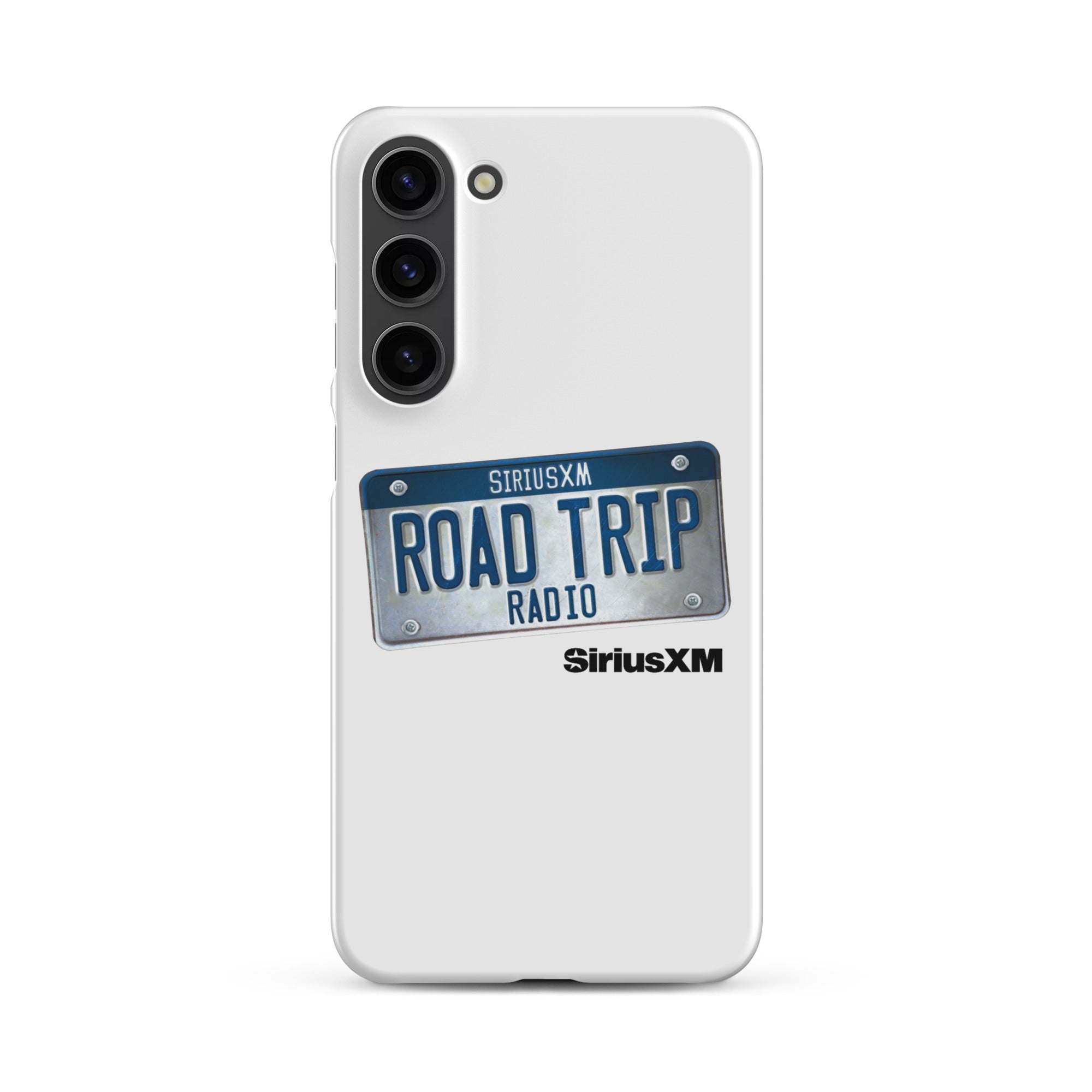 A white phone case featuring a license plate design with 'ROAD TRIP RADIO' and 'SiriusXM' branding.