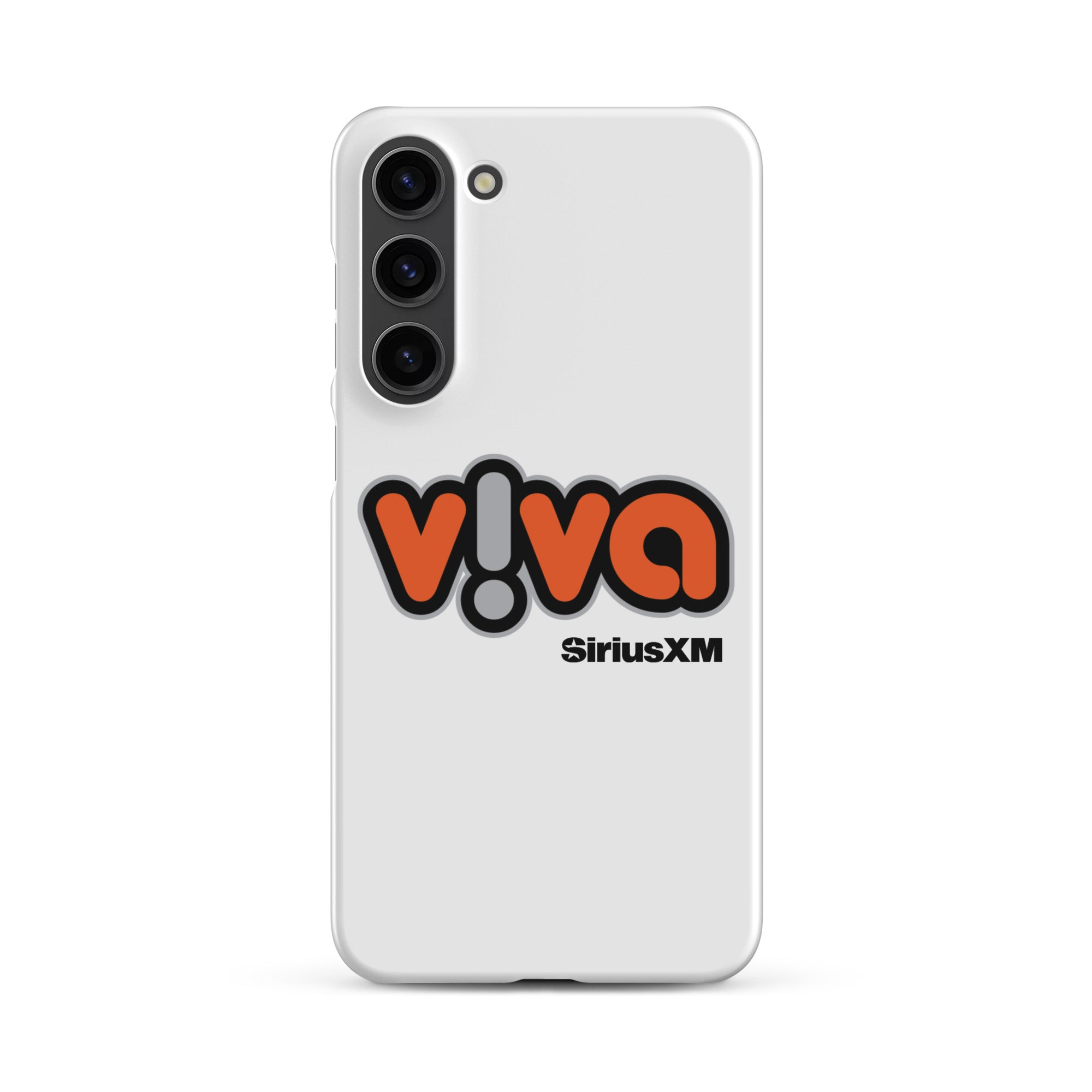 White phone case with 'viva' logo in orange and black, featuring 'SiriusXM' branding.