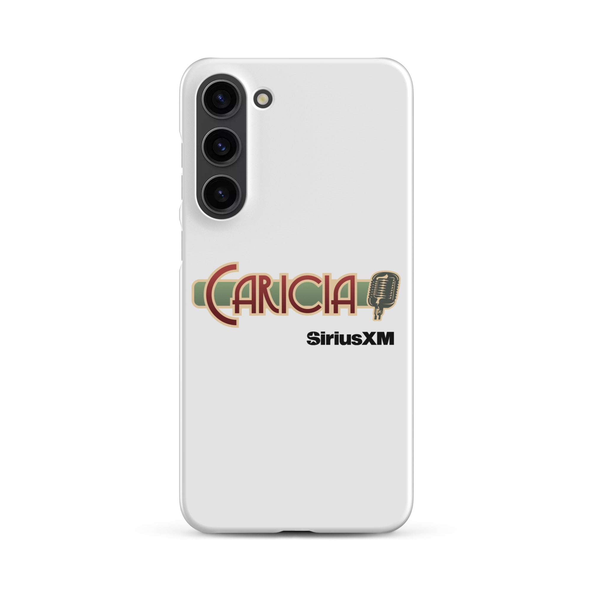 White phone case featuring the text 'CARICIA' and 'SiriusXM' with a microphone graphic.