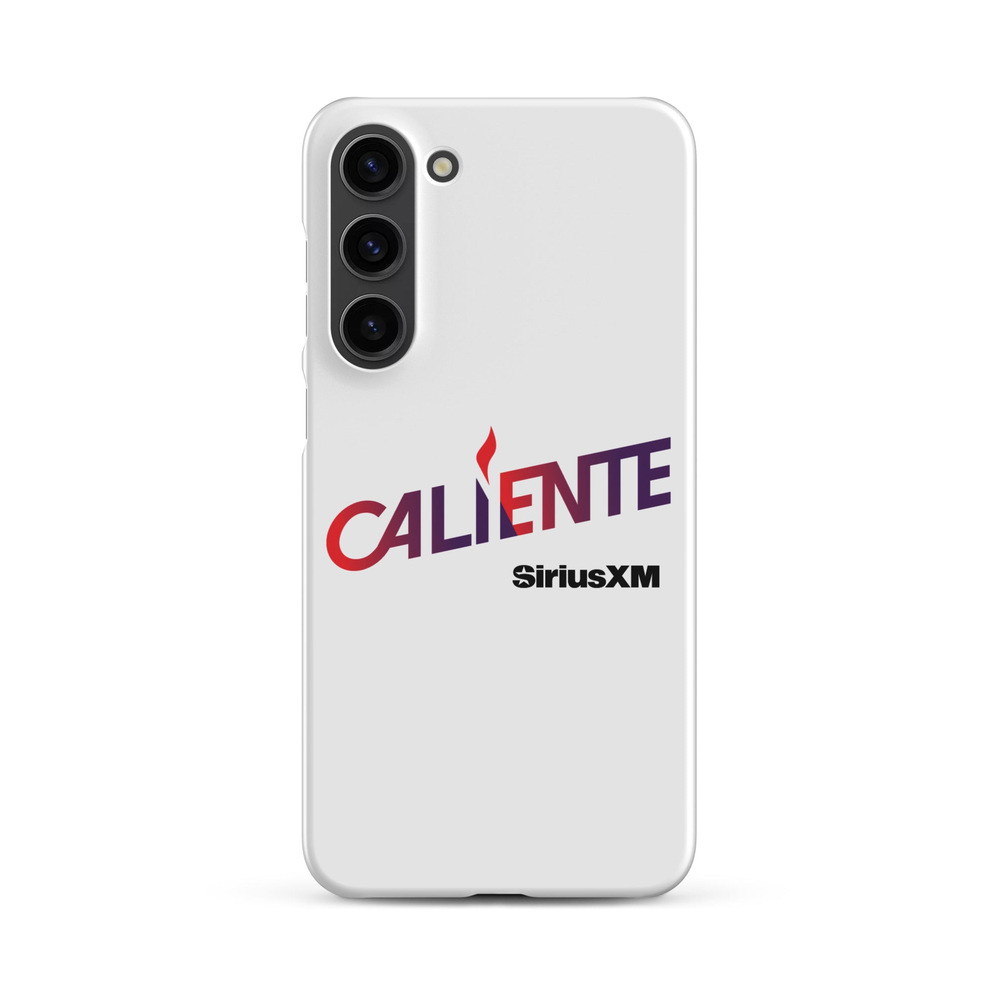 A white phone case with the word 'CALIENTE' in red and purple, and the 'SiriusXM' logo underneath.