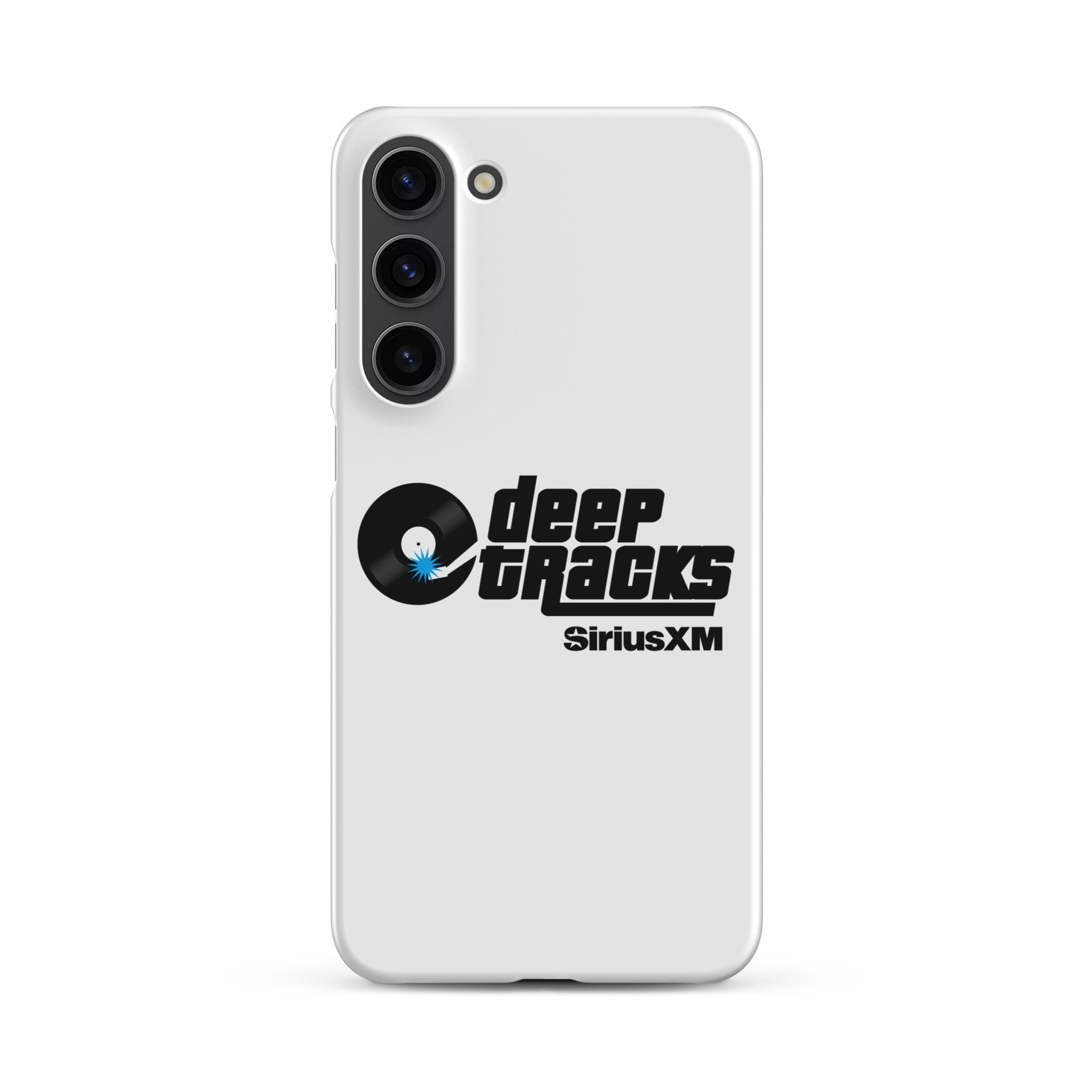 White smartphone case featuring the 'deep tracks' logo and 'SiriusXM' branding.