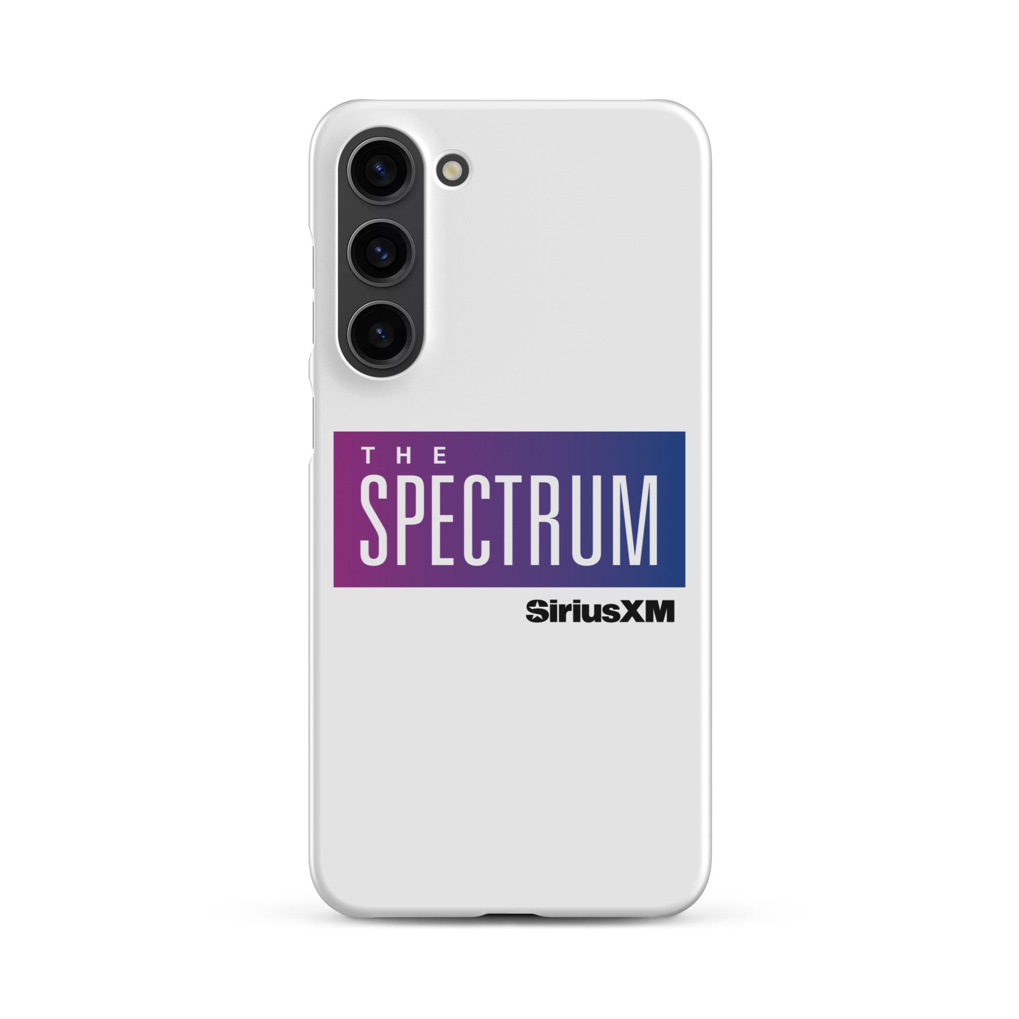 White phone case featuring 'THE SPECTRUM' logo and 'SiriusXM' text in blue and purple.